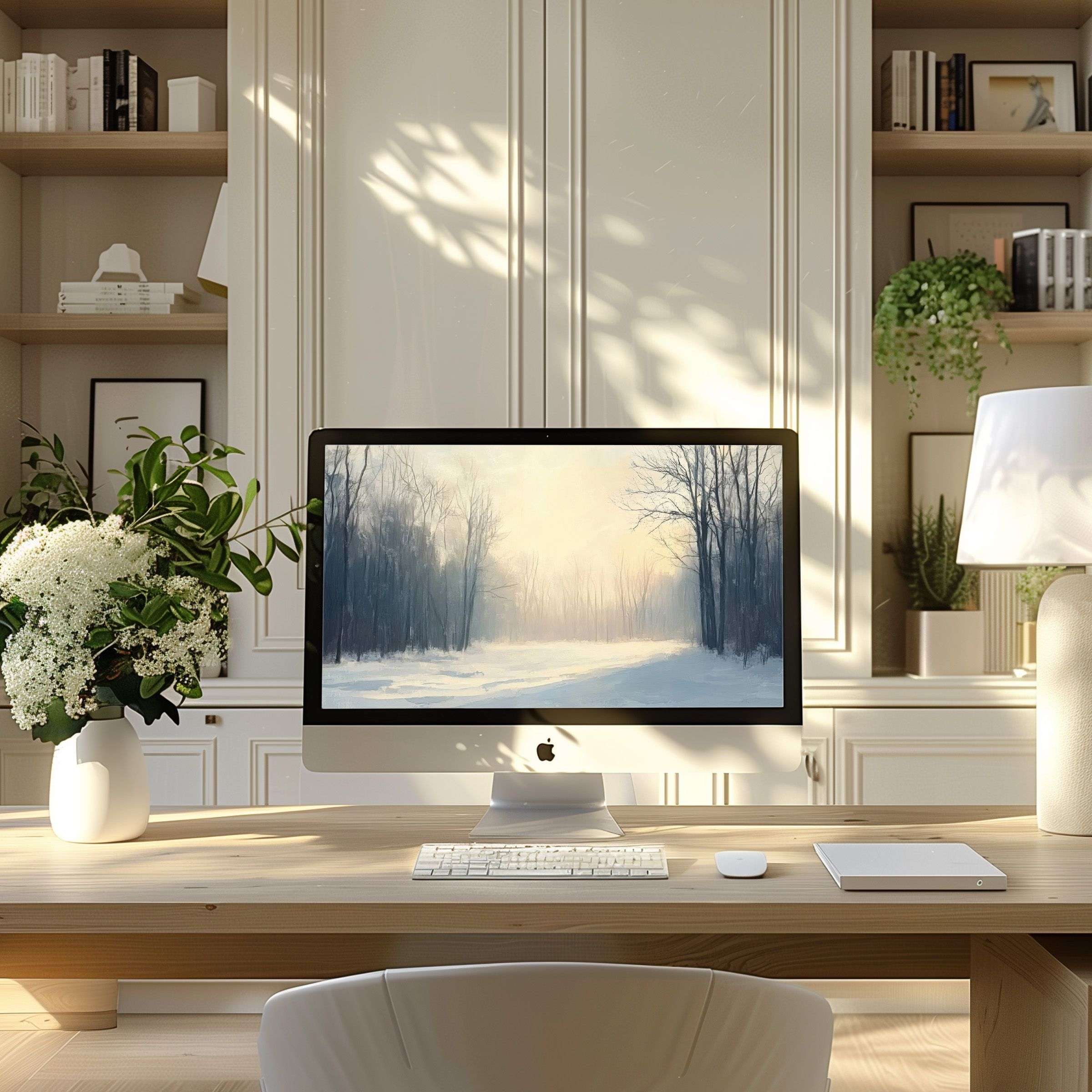 Elegant winter landscape wallpaper for computer, PC, and laptop in a serene, modern home office offering calm and inspiration