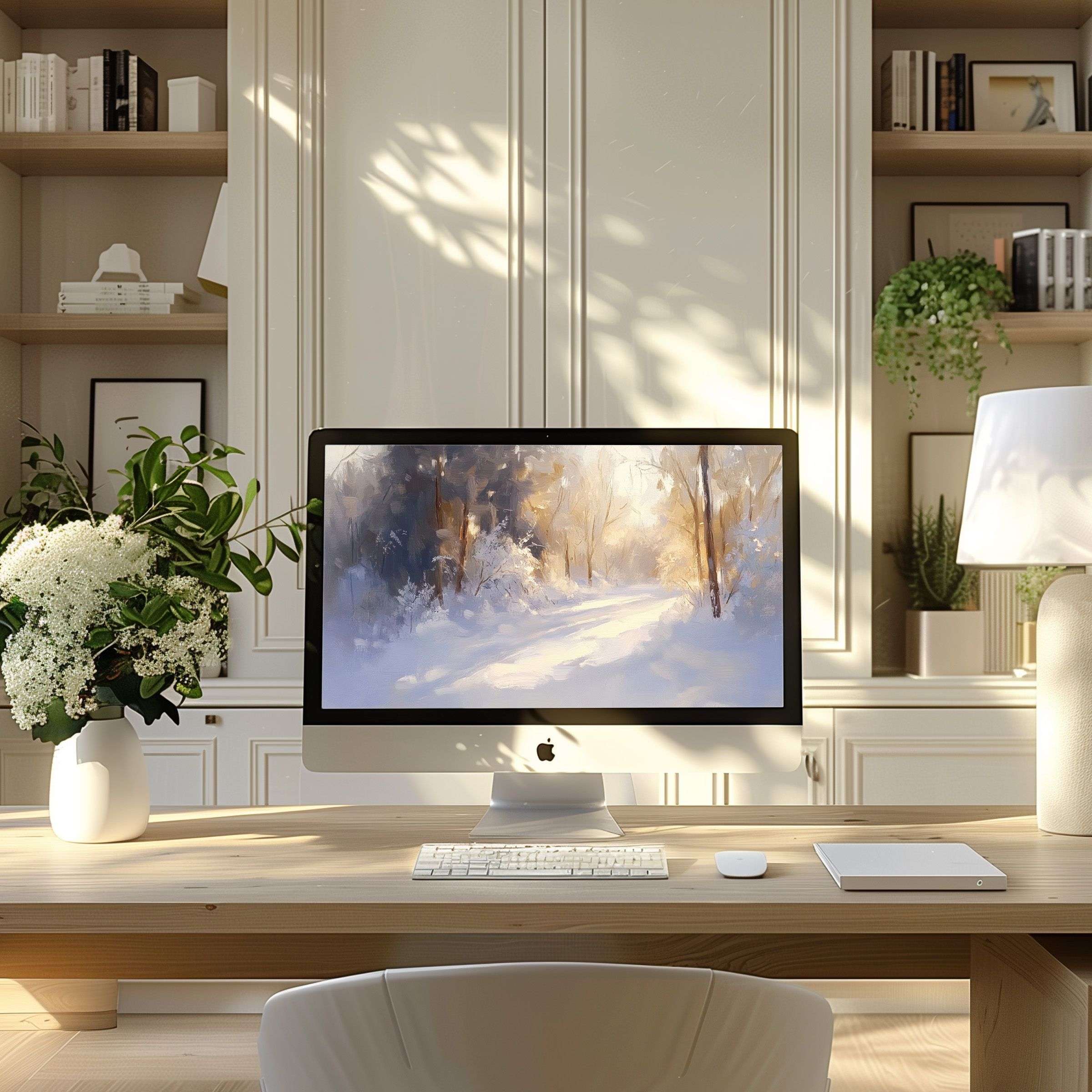 Elegant winter landscape wallpaper for computer, perfect for PC or laptop, inspiring calm in a modern, serene home office setting