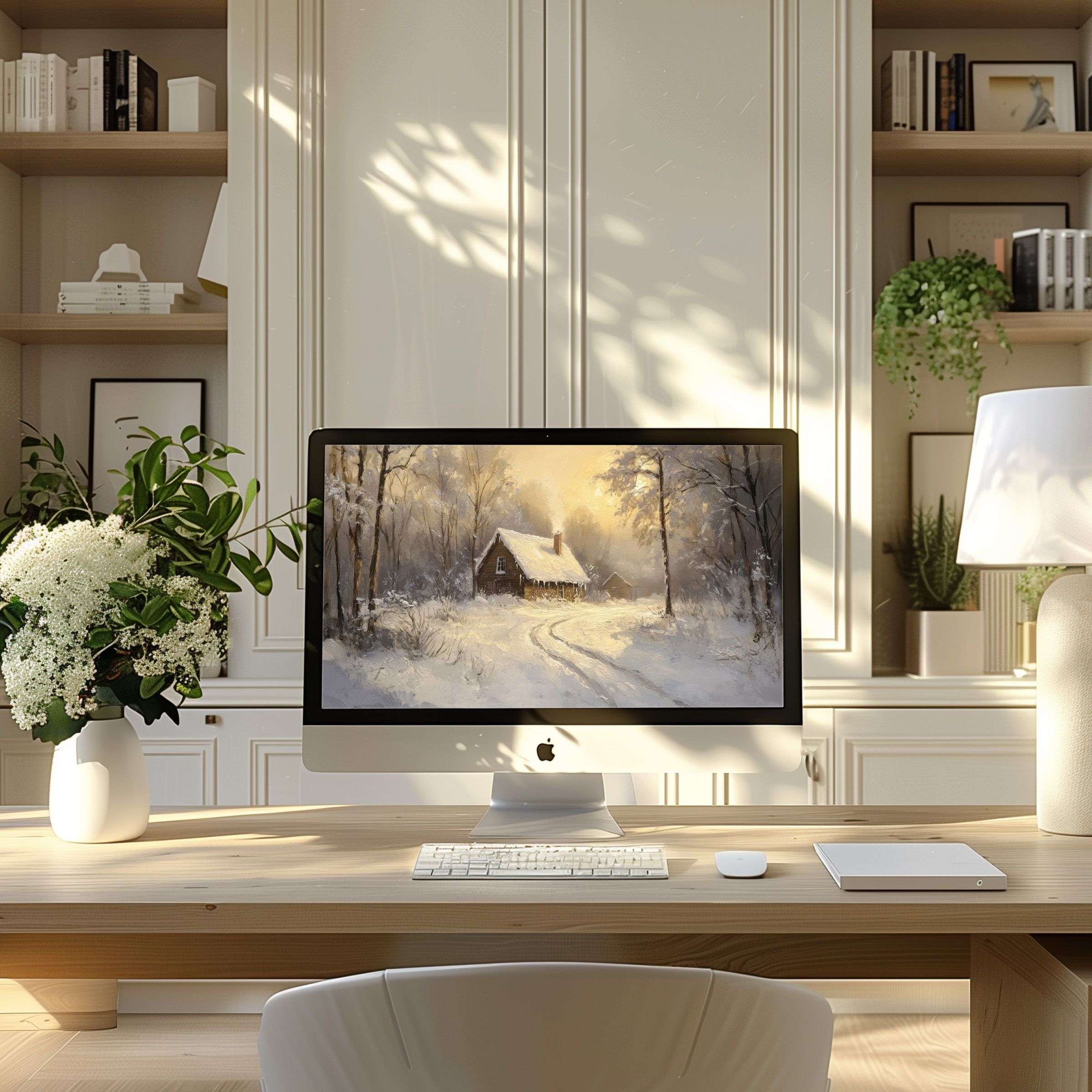 Elegant winter cottage scene as wallpaper for computer, ideal for PC or laptop, adding calm inspiration to any modern home office setting