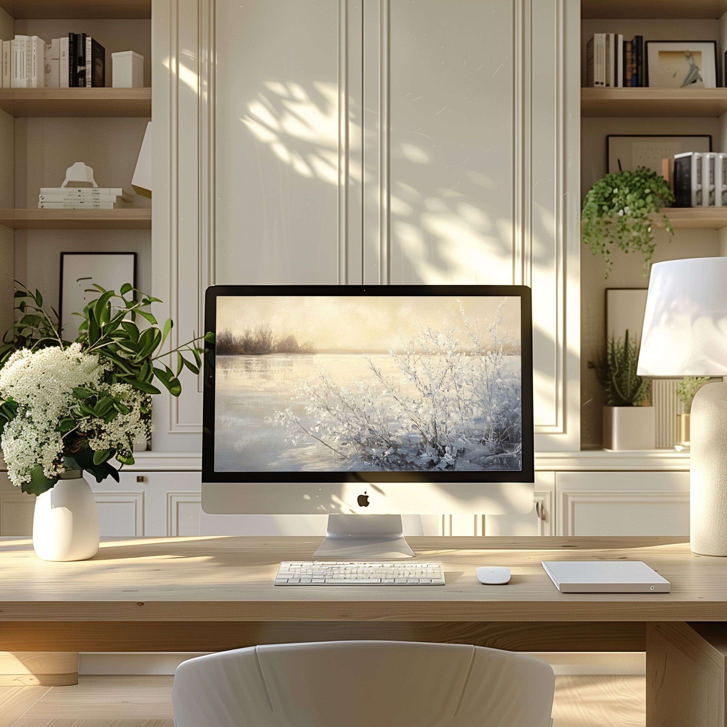 Calm and elegant winter scene wallpaper for computer enhances modern home office on PC and Laptop digital download available