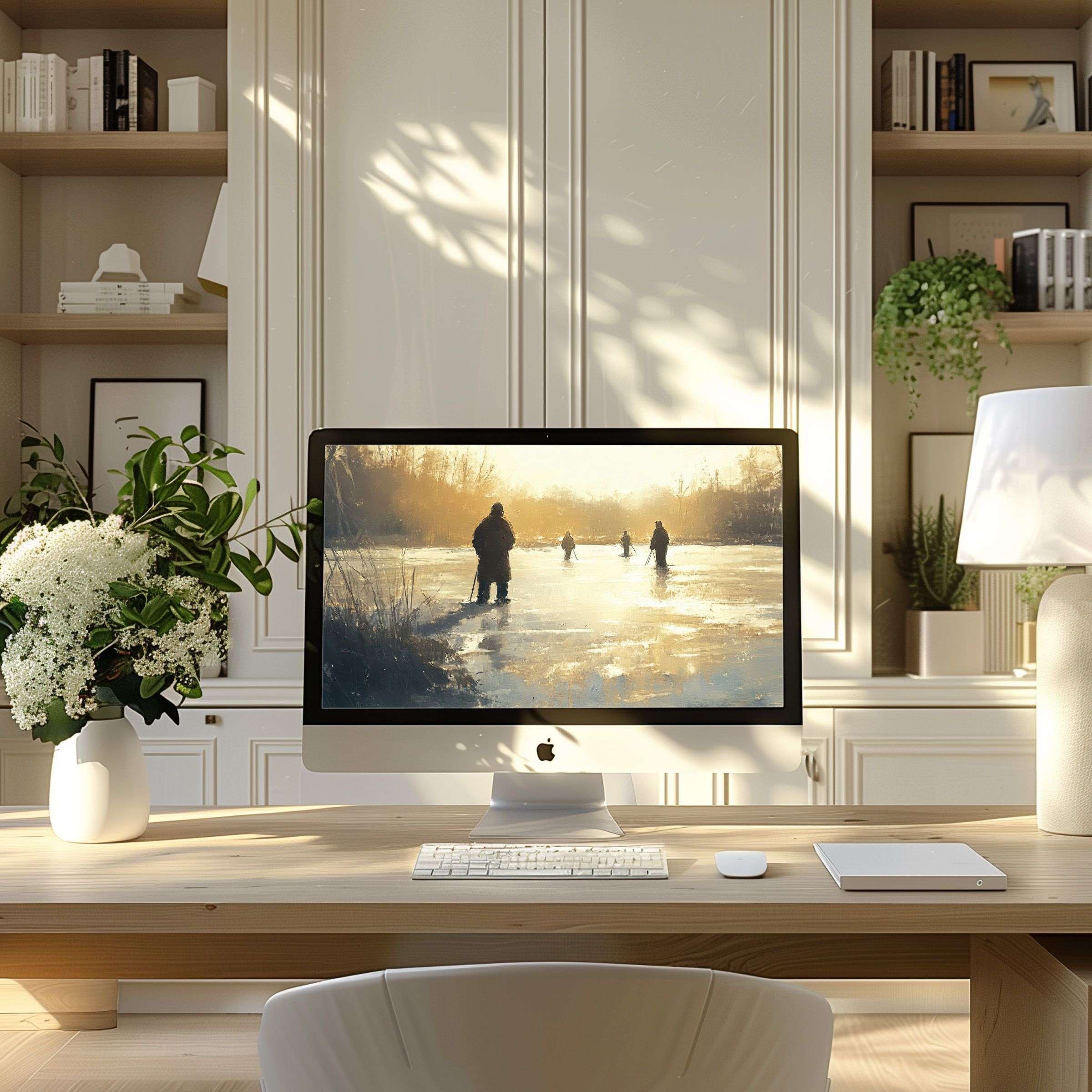 Elegant ice-themed wallpaper for computer enhancing a modern home office serenity; ideal for PC, laptop, or ultrawide screens