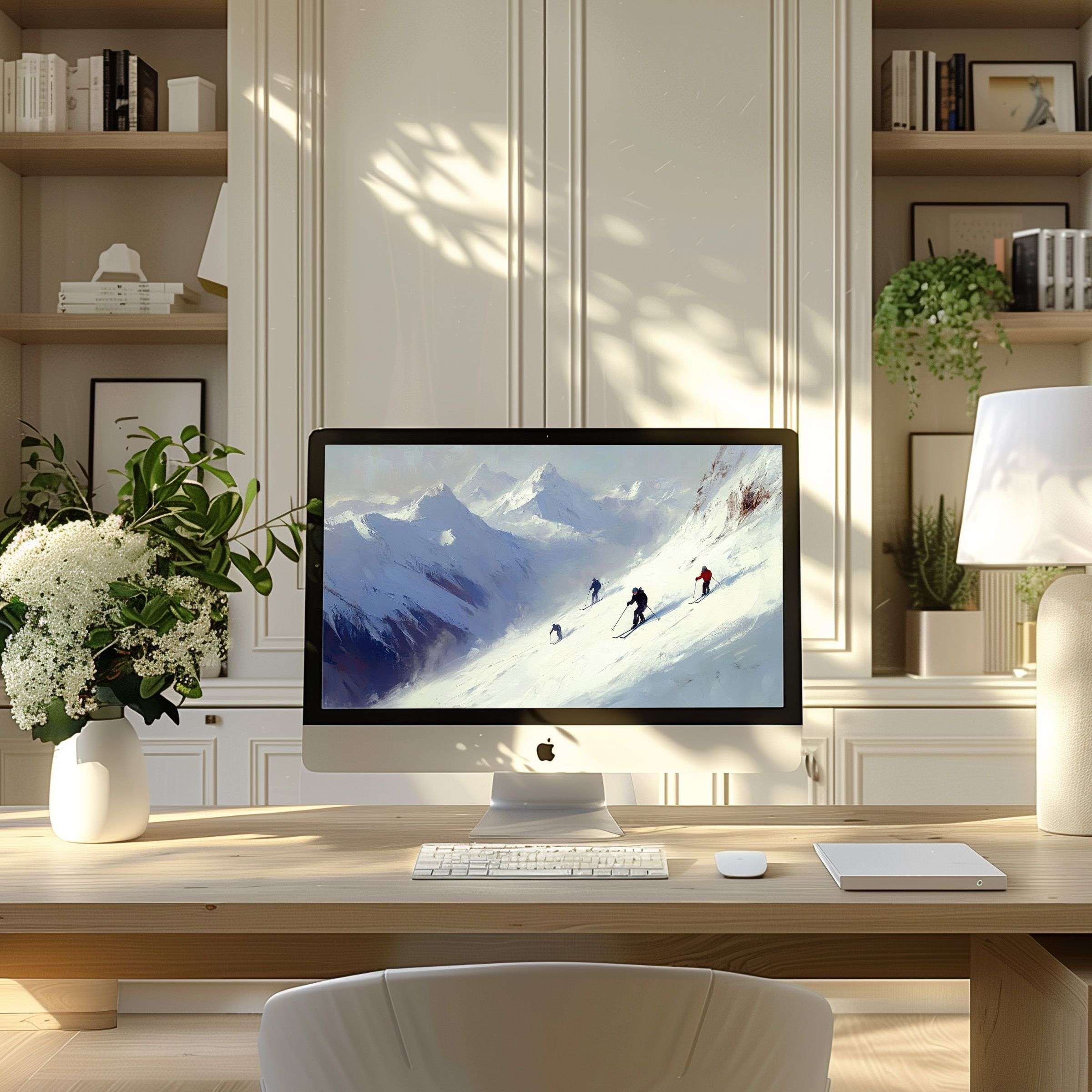 Calming mountain ski scene wallpaper for computer, ideal for PC or laptop, elevating a stylish modern home office space