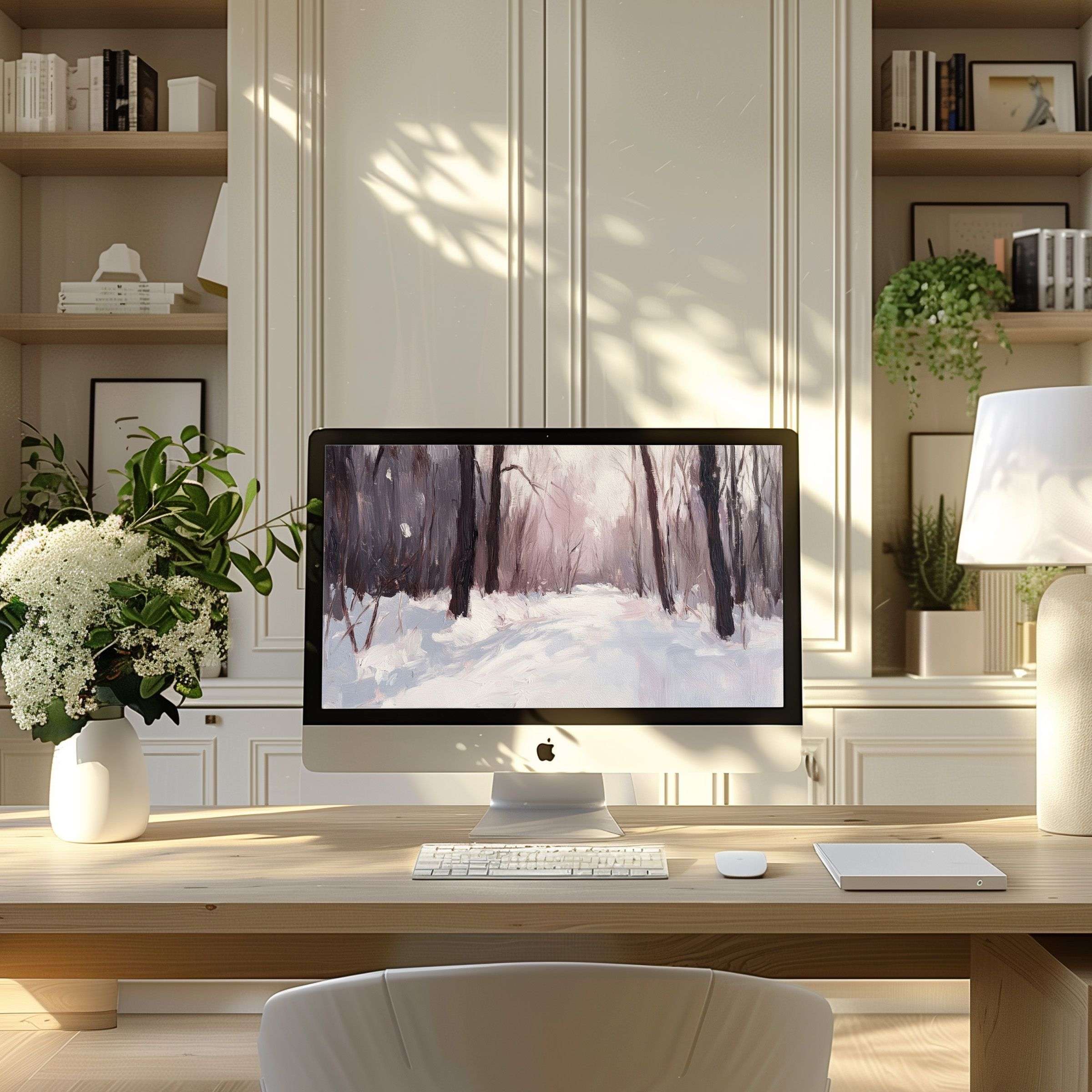 Inspiring snow-filled forest artwork wallpaper for computer enhances any modern home office PC or laptop with serene elegance and calm