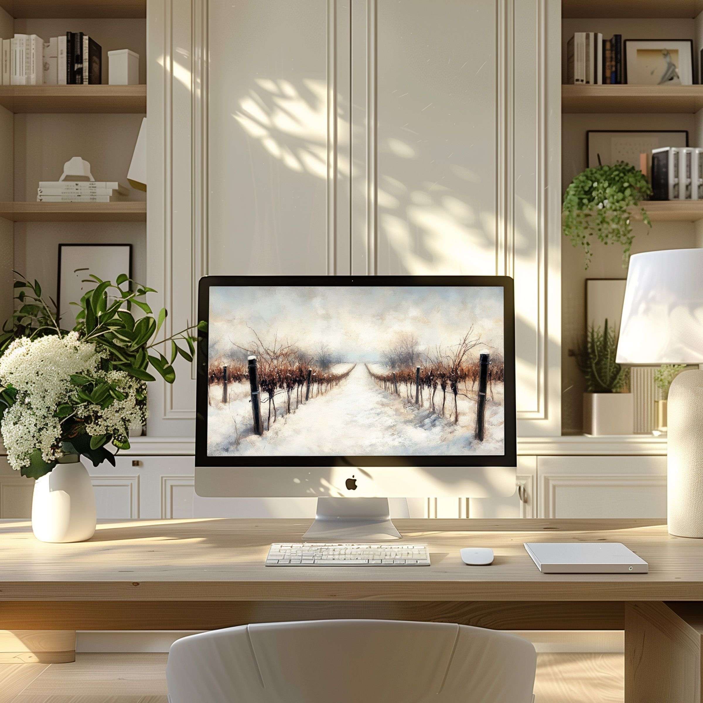 Elegant winter landscape wallpaper for computer creates calm inspiration, perfect for any PC or Laptop in a modern home office