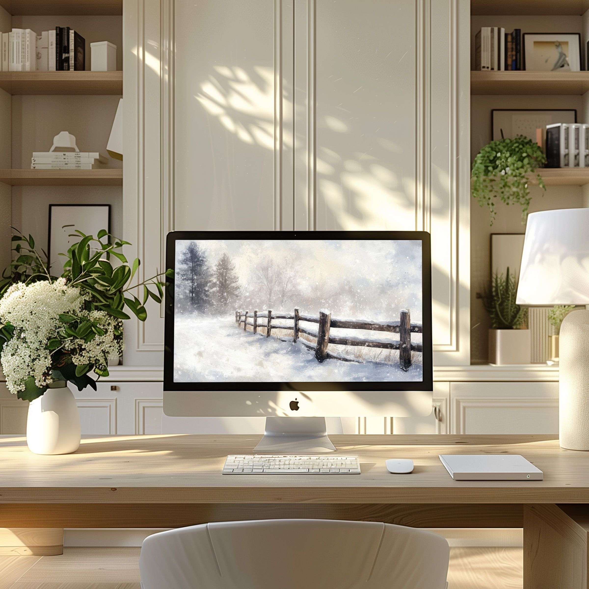 Elevate your PC or laptop with this serene winter landscape wallpaper for computer, inspiring calm and elegance in any modern home office
