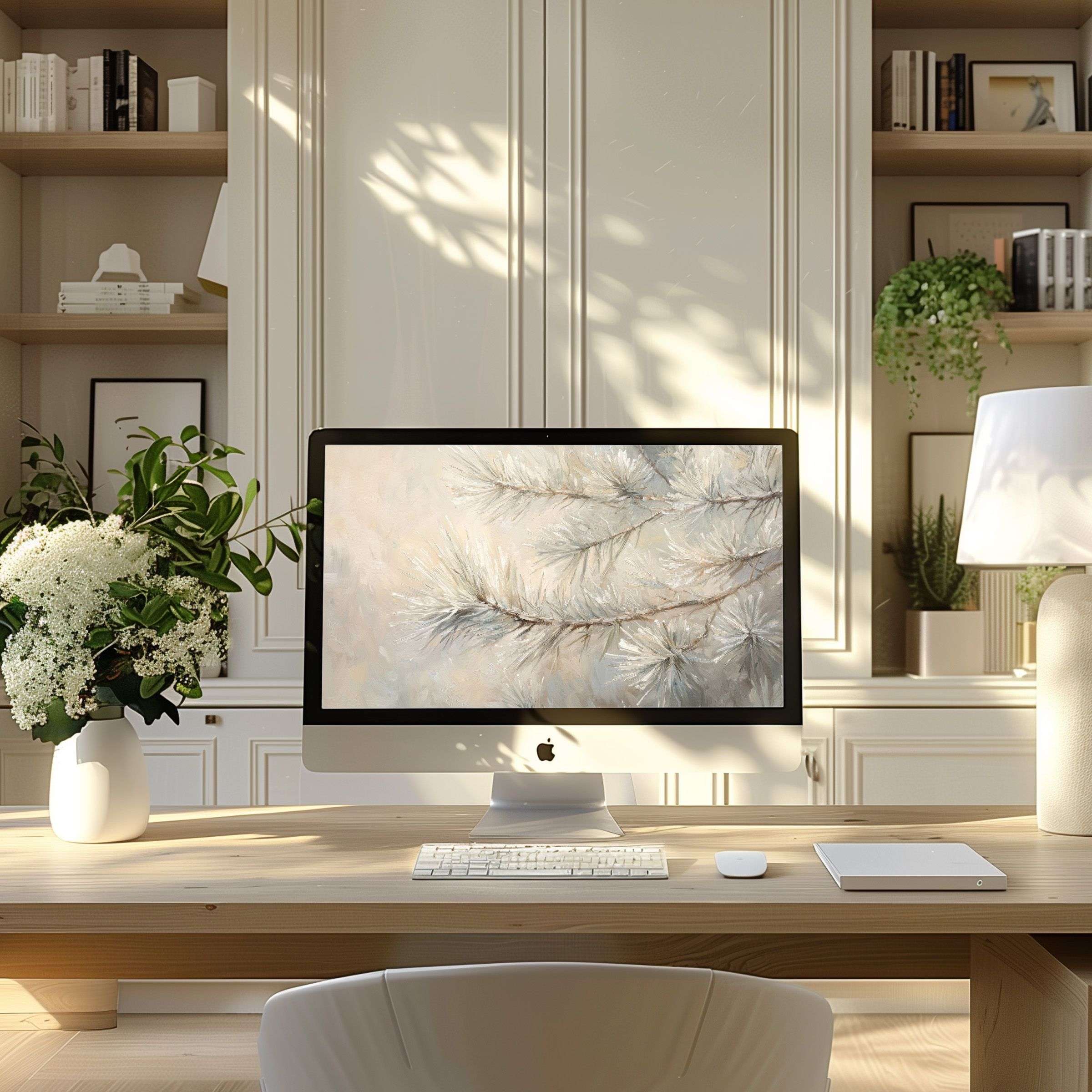 Elegant minimalist artwork as a wallpaper for computer on a modern desk inspires calm, perfect for PC or Laptop ultrawide display
