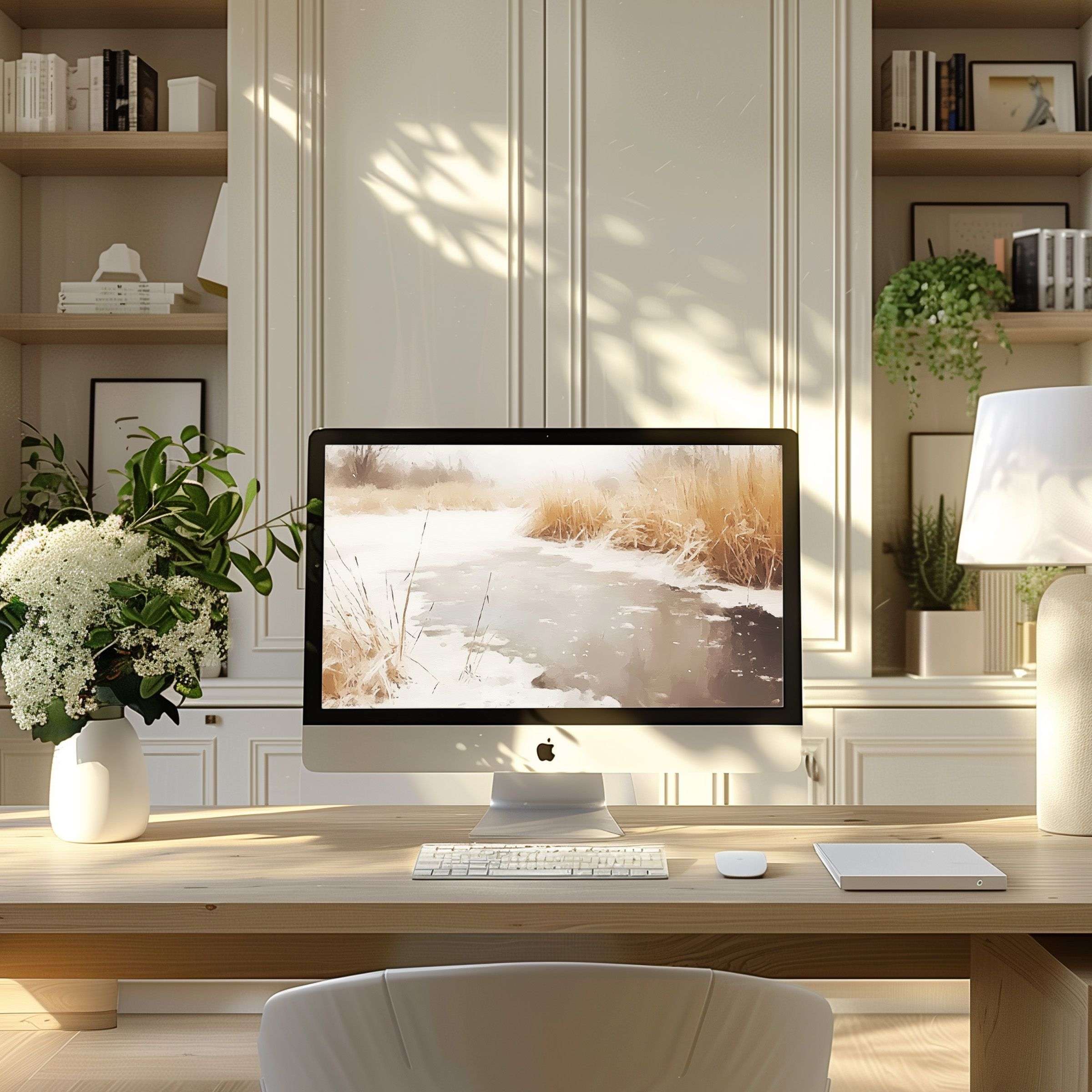 Elegant calm digital art wallpaper for computer in beige tones, perfect for PC or laptop, enhancing modern home office ambiance