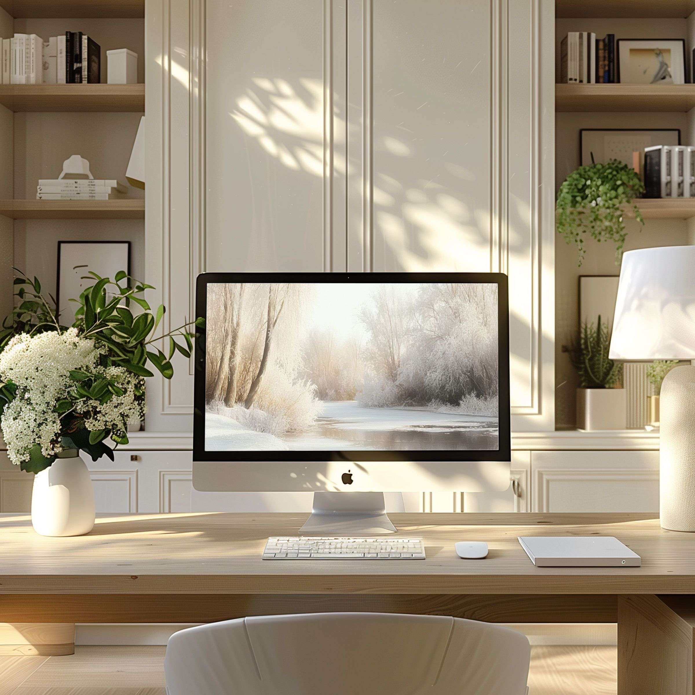 Elegant winter landscape wallpaper for computer in modern home office inspires calm; fits PC, Laptop, ultrawide screens