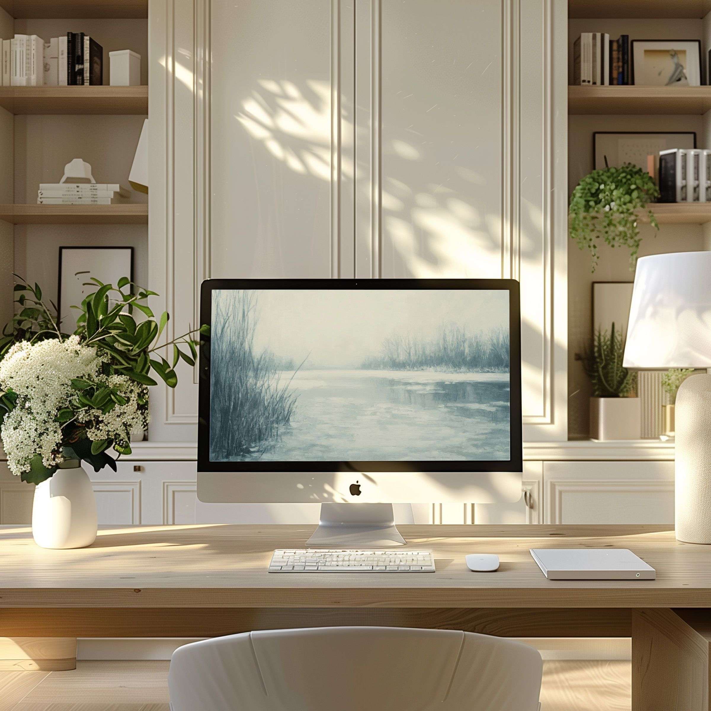 Elegant digital art offering calming lake scene wallpaper for computer fits PC, laptop, ultrawide modern home office download