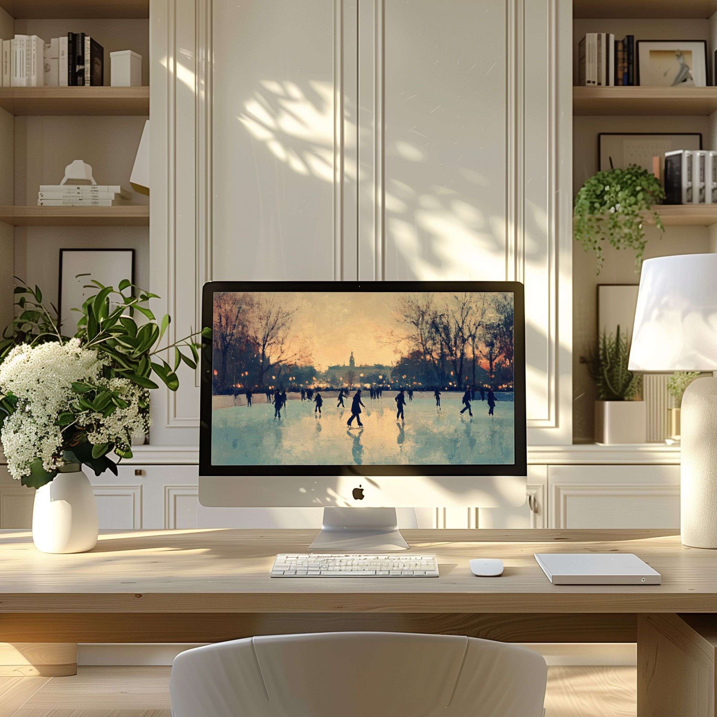 Elegant digital art wallpaper for computer, PC, laptop featuring serene winter skaters ideal for modern home office inspiration