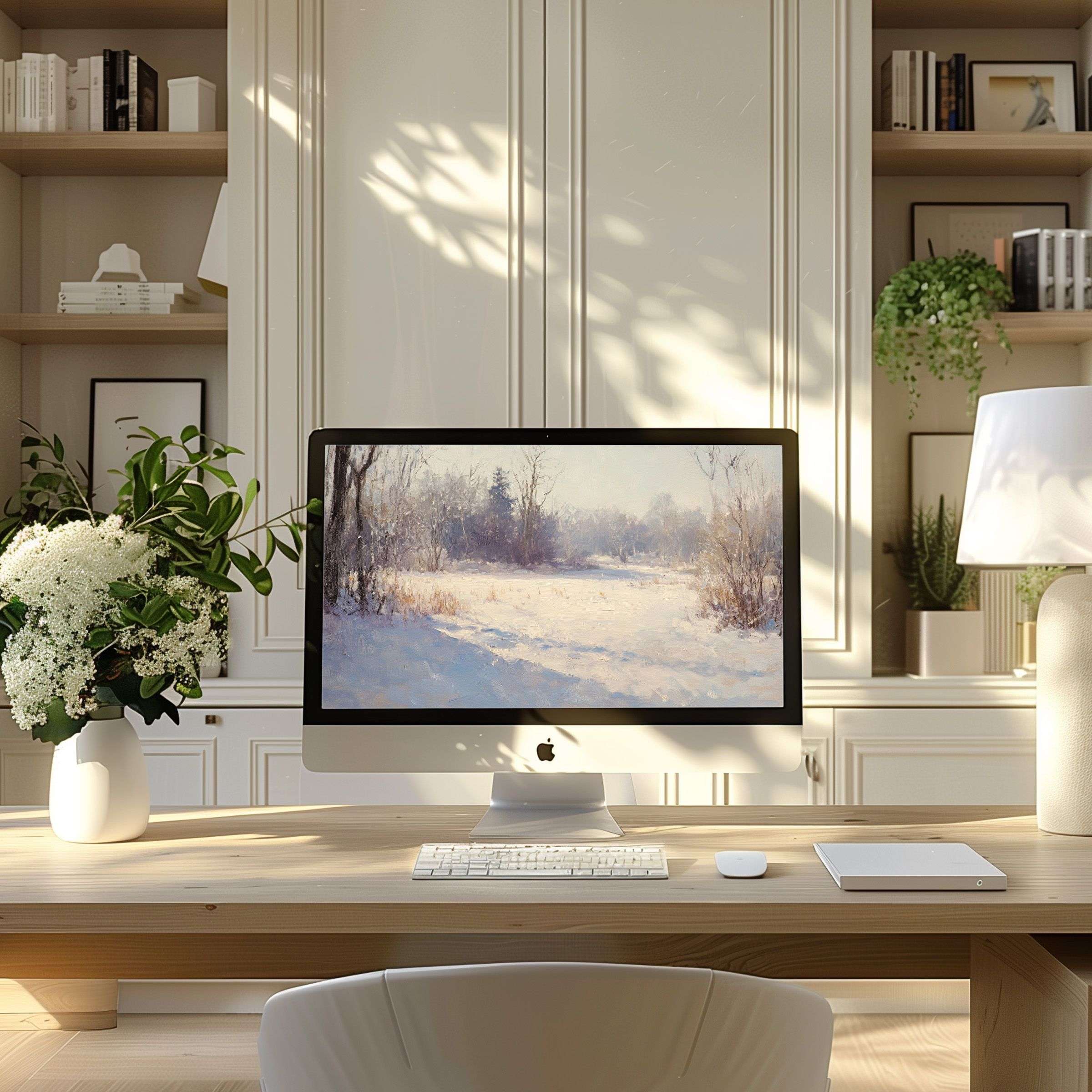 Elegant winter landscape digital art as a wallpaper for computer, enhancing a modern home office, perfect for PC or laptop use