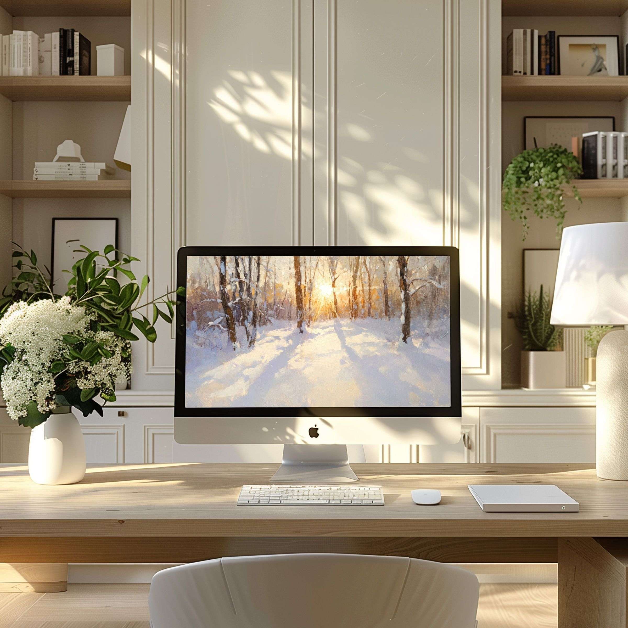 Elegant computer wallpaper featuring a serene winter scene, ideal for PC or Laptop use, inspiring tranquility in a modern home office