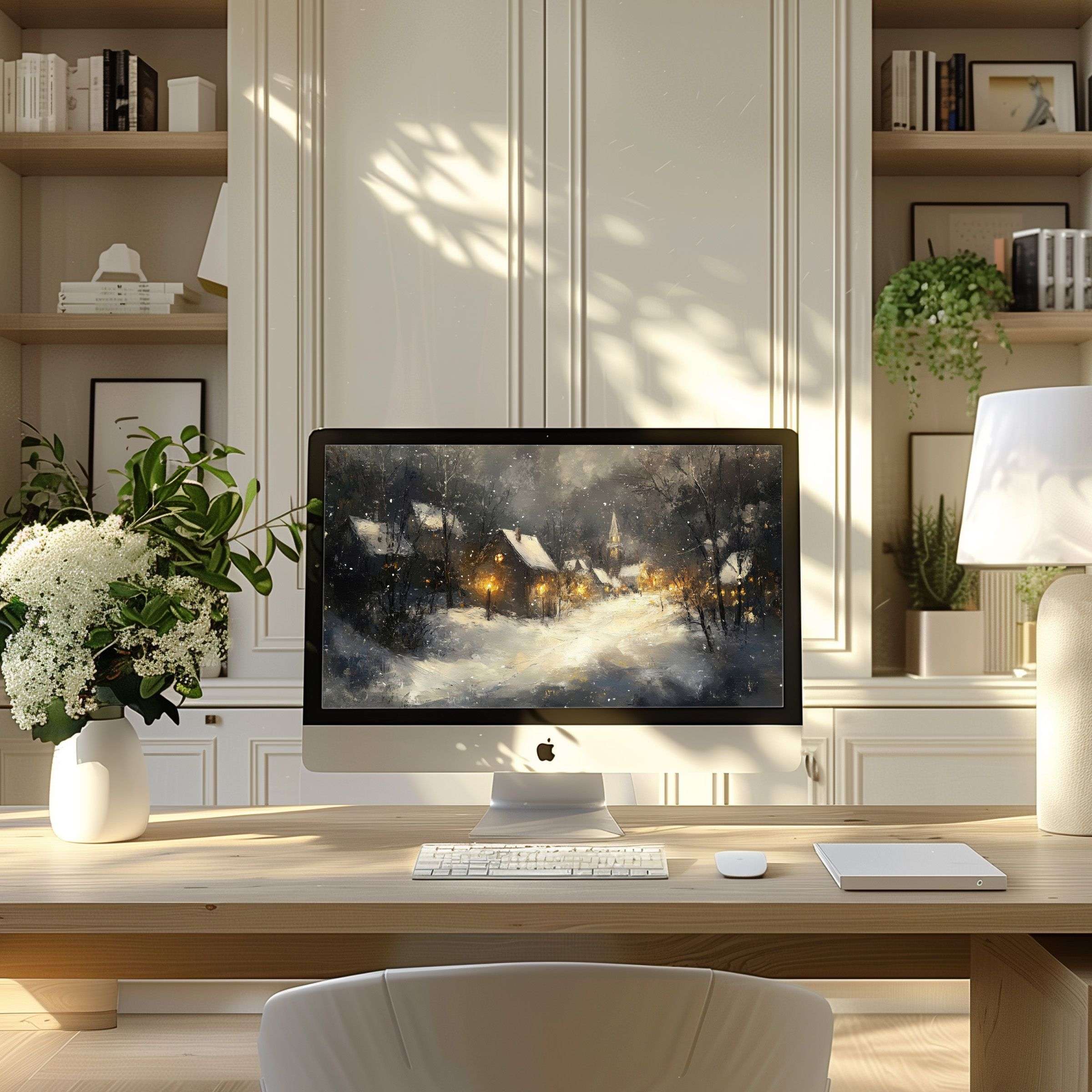 Elegant winter scene wallpaper for computer enhances modern home office with calm inspiration, ideal for PC, laptop, digital download