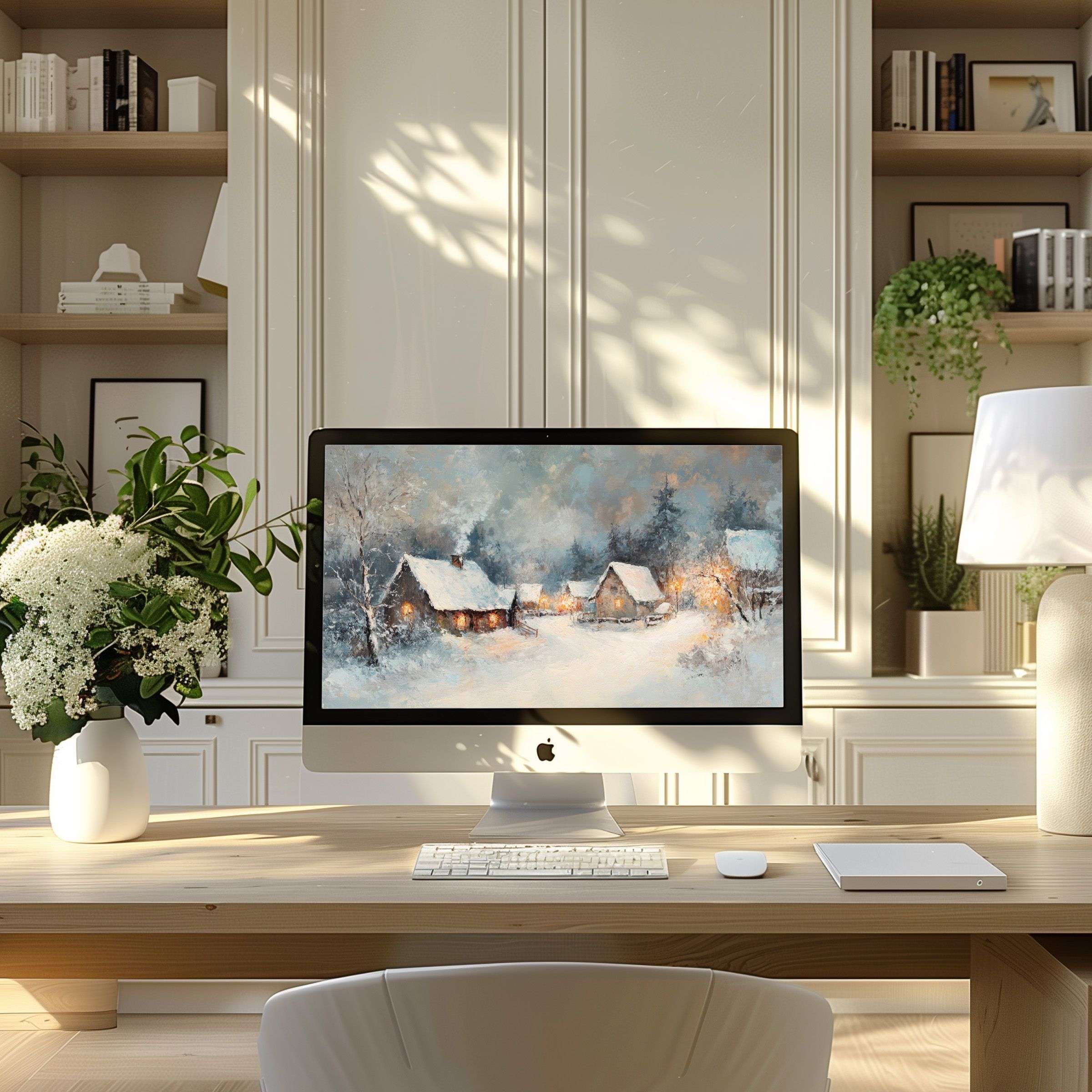 Winter village scene digital art wallpaper for computer enhances PC or laptop displays in modern serene home offices