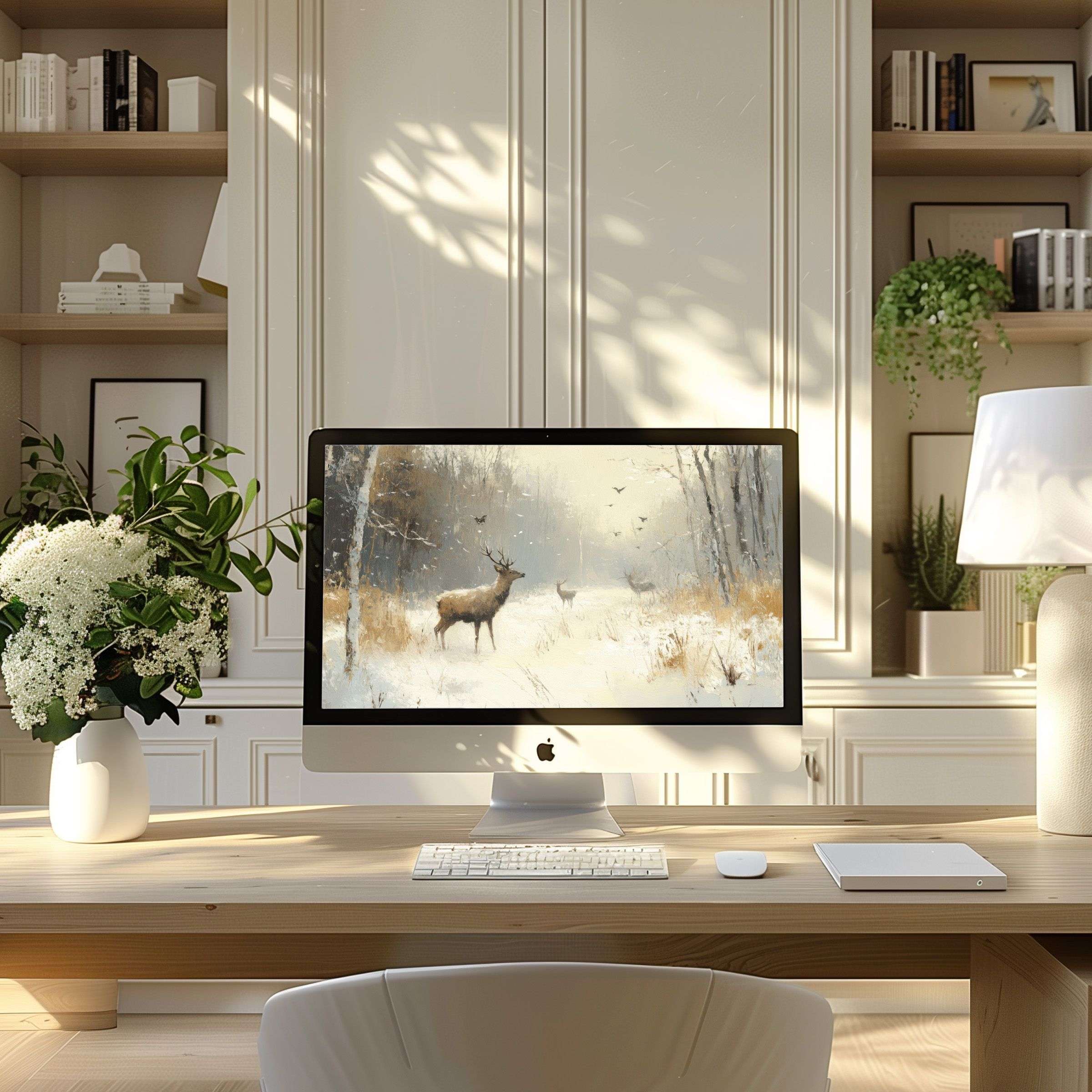 Elegant deer in snowy forest wallpaper for computer brings calm and inspiration to modern home office, fits PC and Laptop