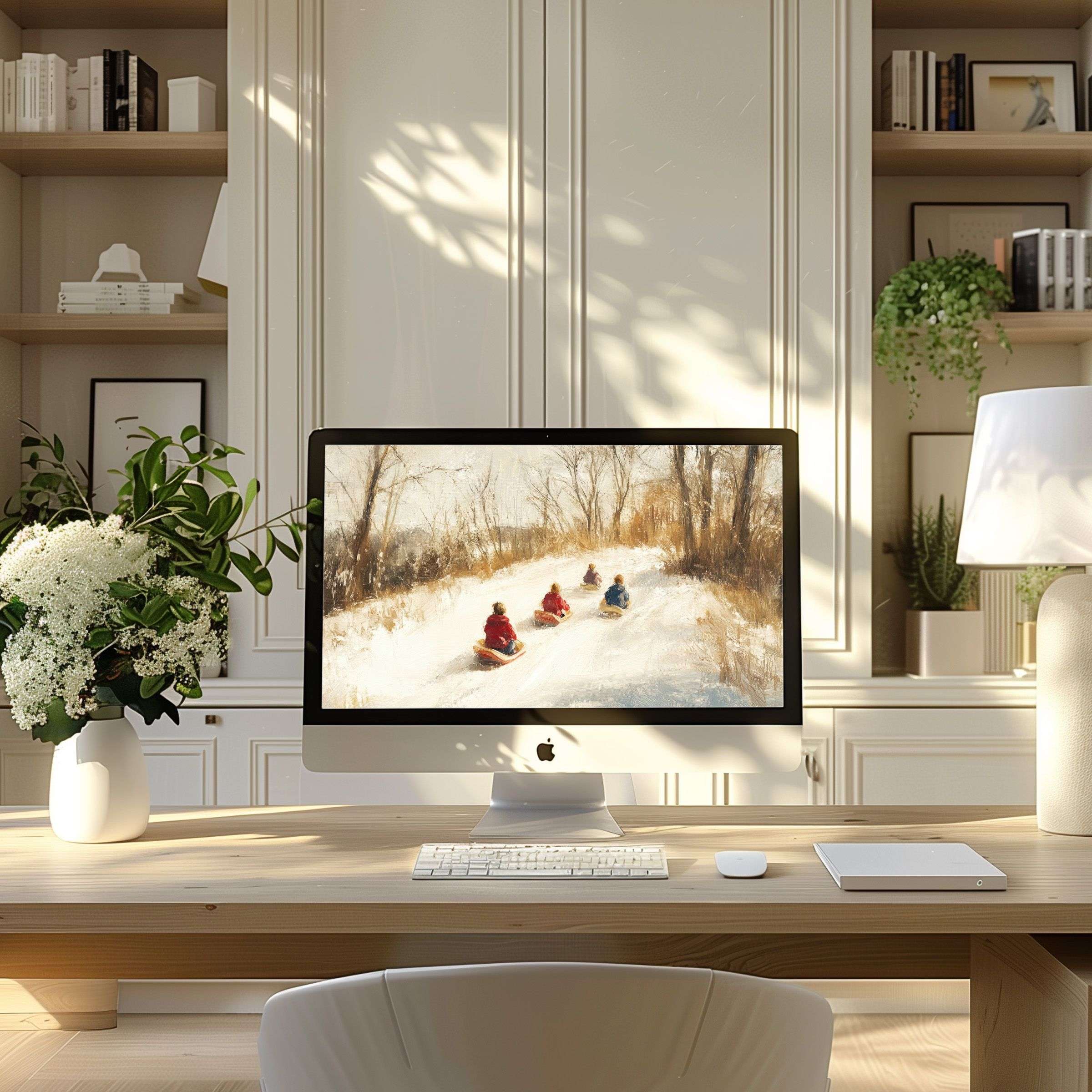 Elegant digital art wallpaper for computer showcasing serene winter scene, perfect for PC and Laptop, enhancing home office inspiration