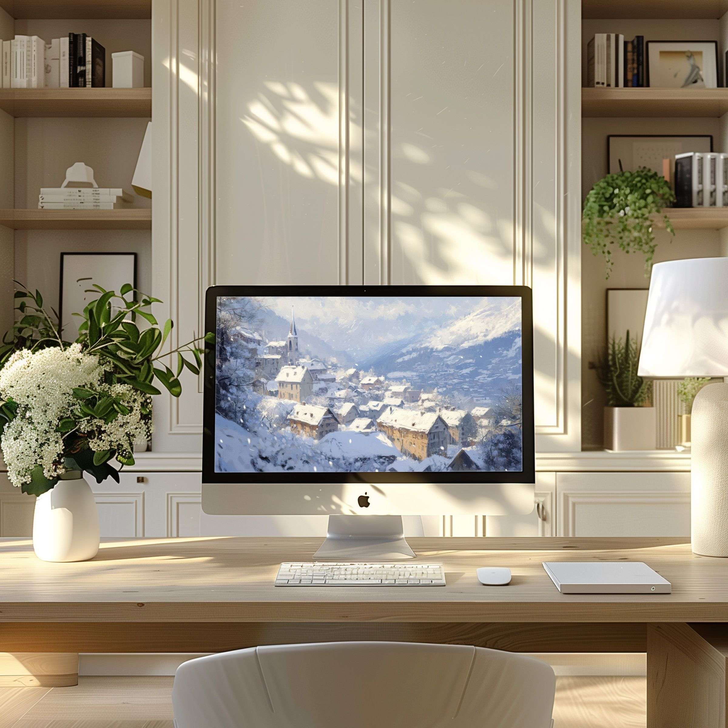Snowy village wallpaper for computer adds calm elegance to a modern home office setting ideal for PC and laptop use