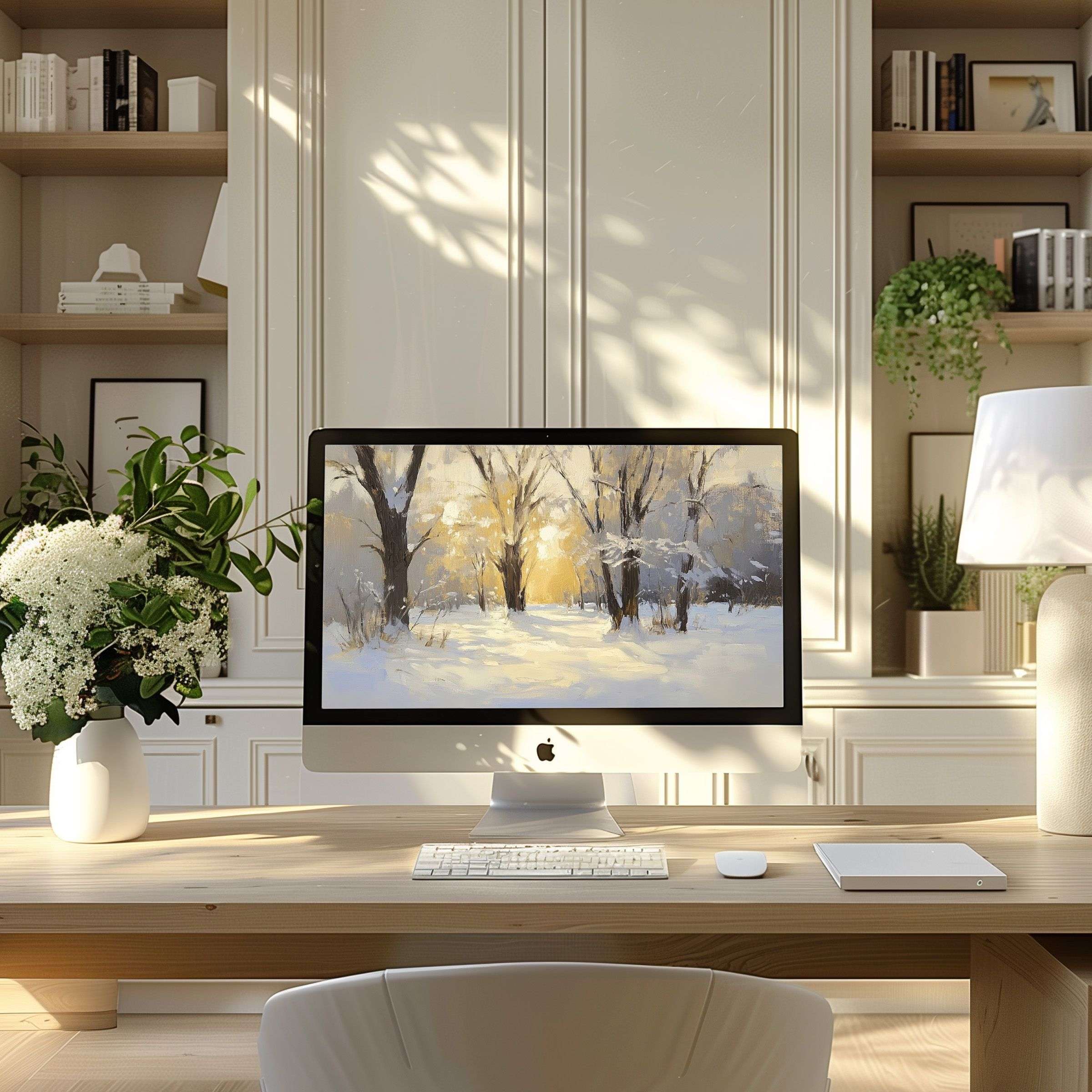 Elegant snowy winter scene as wallpaper for computer inspiring calm in a modern home office ideal for PC or laptop display