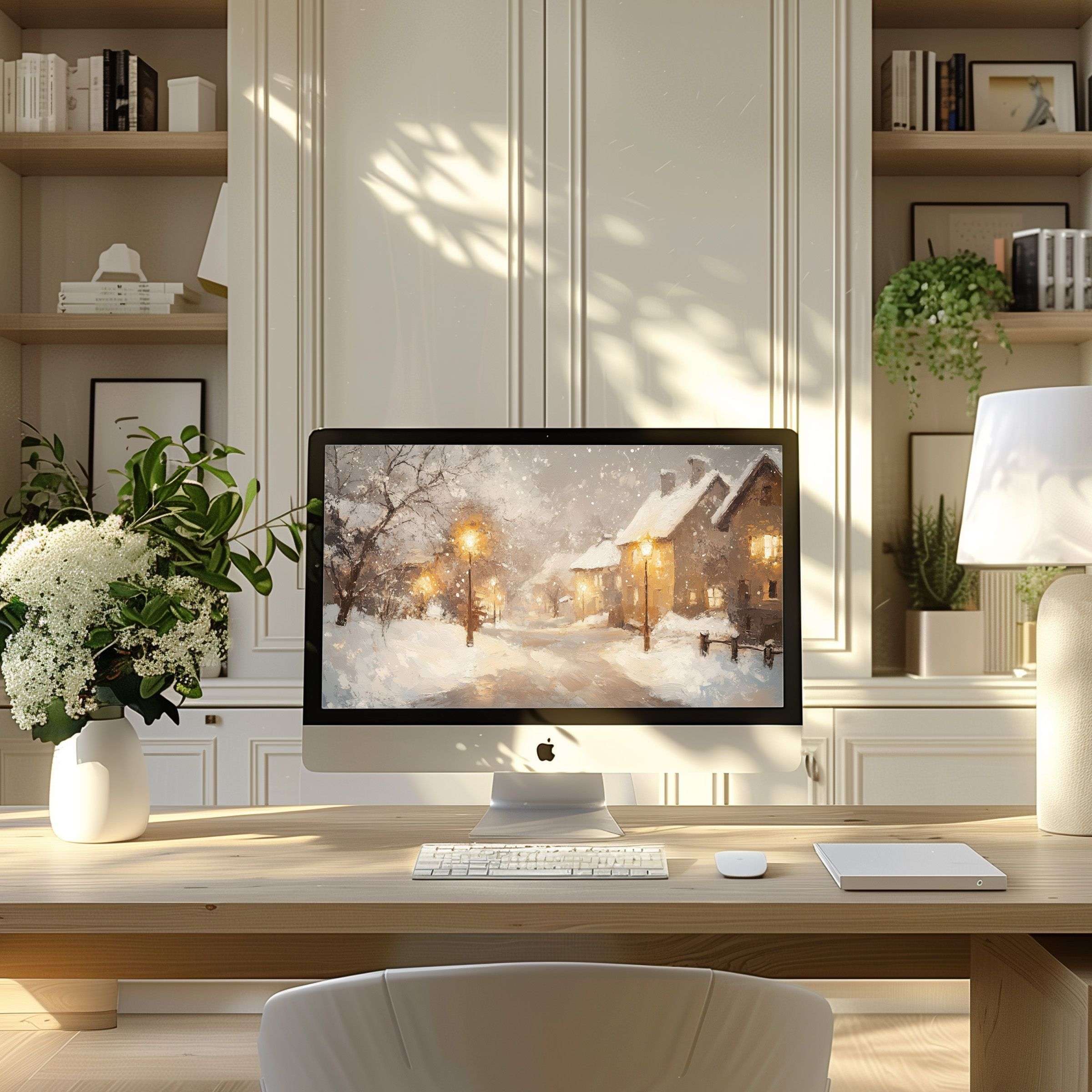 Elegant snowy scene as wallpaper for computer, inspiring calm and beauty in a modern home office; fits PC, laptop, ultrawide