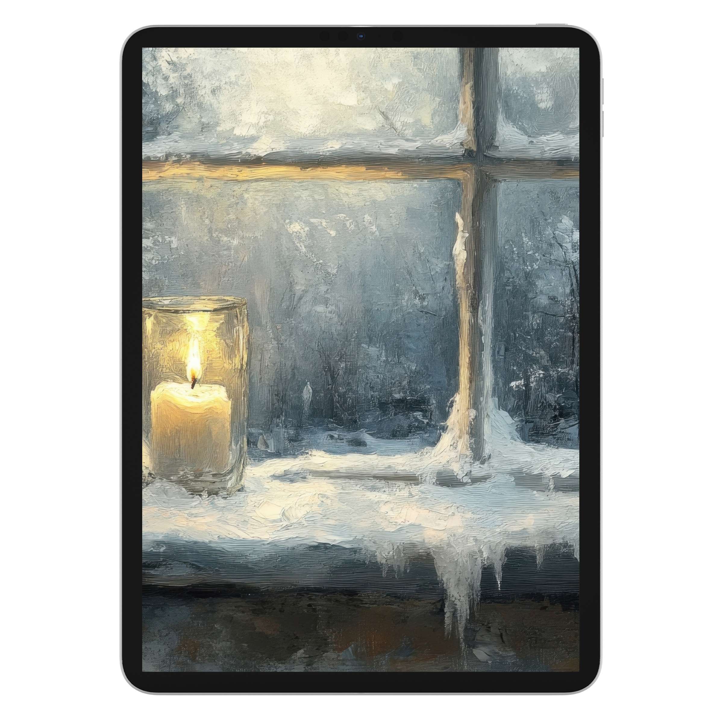 Winter iPad wallpaper digital download featuring a serene candlelit window with frosty textures perfect for tablet background settings