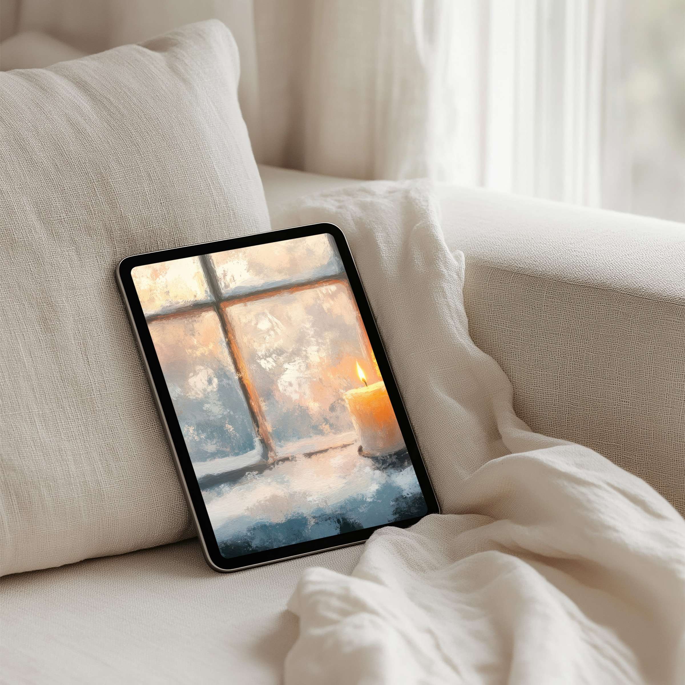 Tranquil iPad background with soft candlelit window scene for instant download calming tablet aesthetics on your device