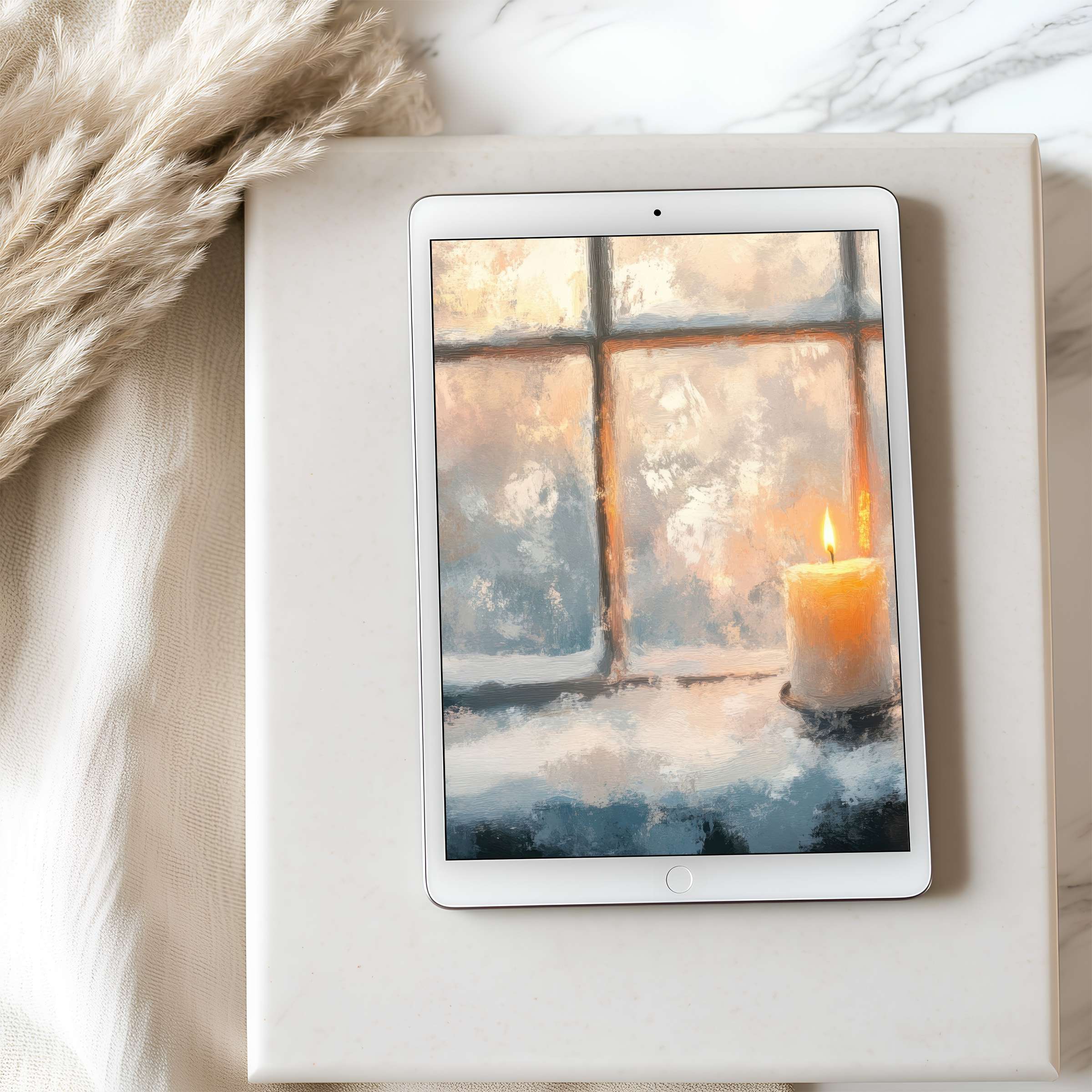 Cozy candlelit window scene tablet wallpaper in high resolution enhances any iPad decor with warmth and minimalist elegance