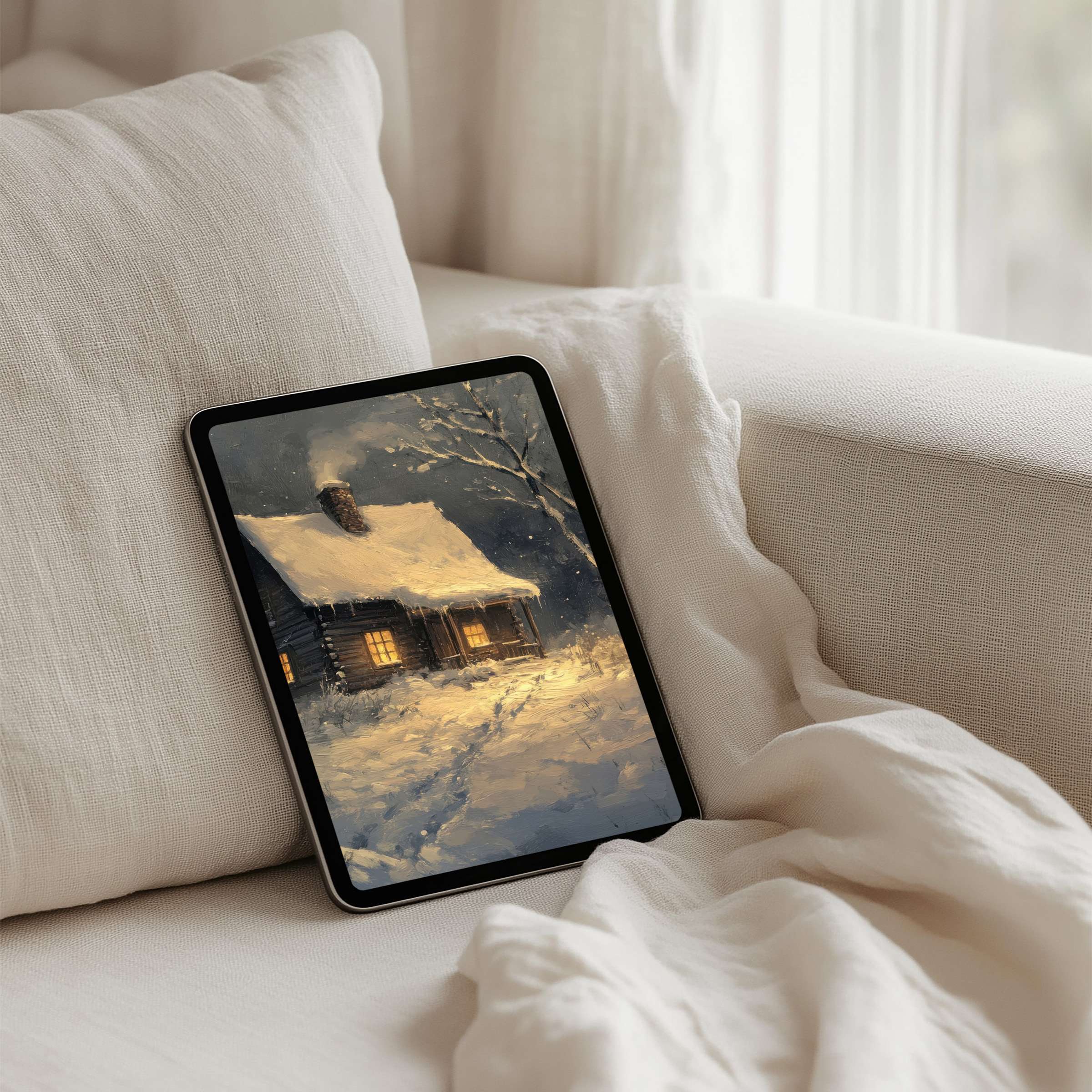 Cozy winter cabin scene as iPad background for instant download inspires calm elegance on any tablet enhancing mindfulness
