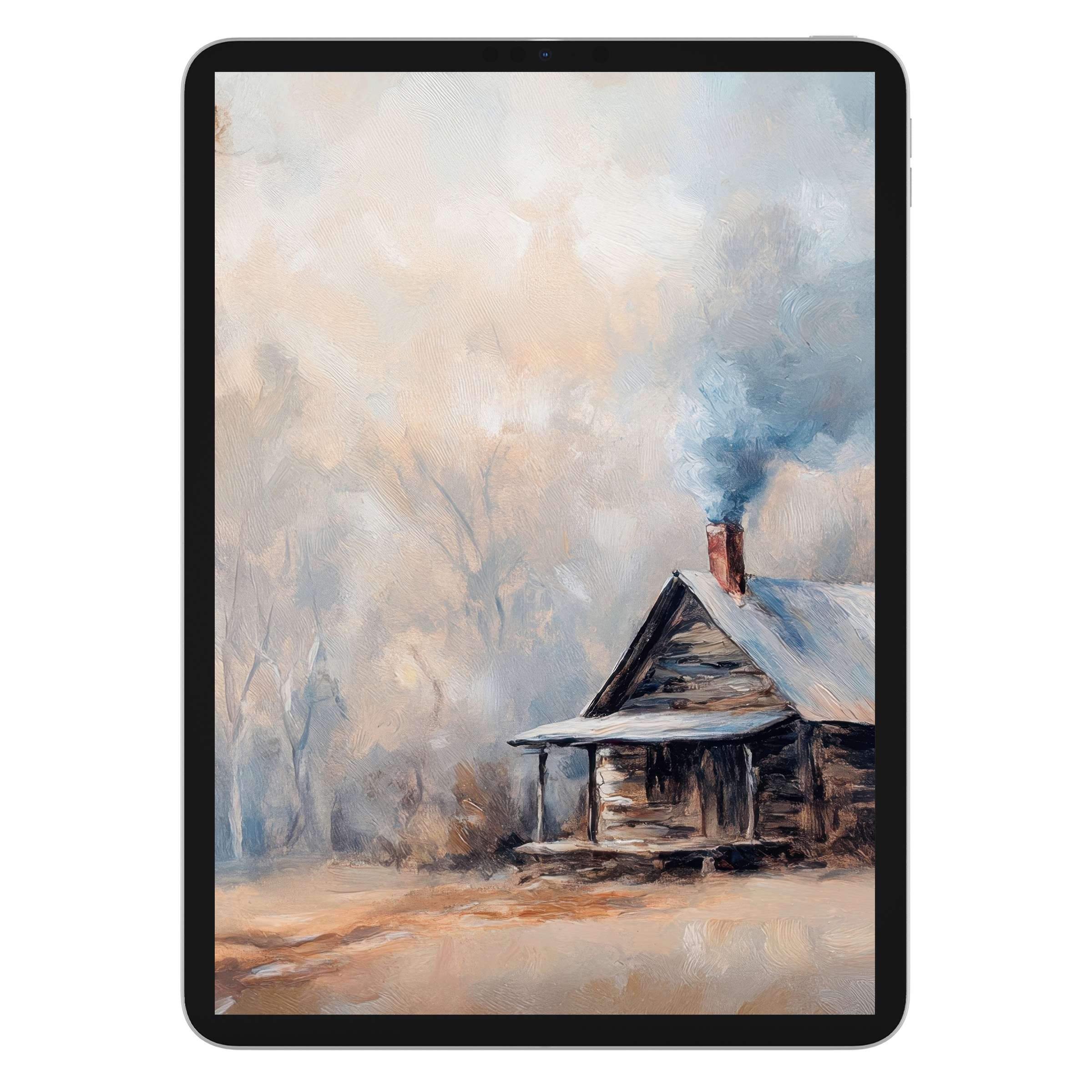 Cozy winter iPad wallpaper digital download featuring rustic cabin, serene snowy woods, perfect tablet background for calm aesthetics