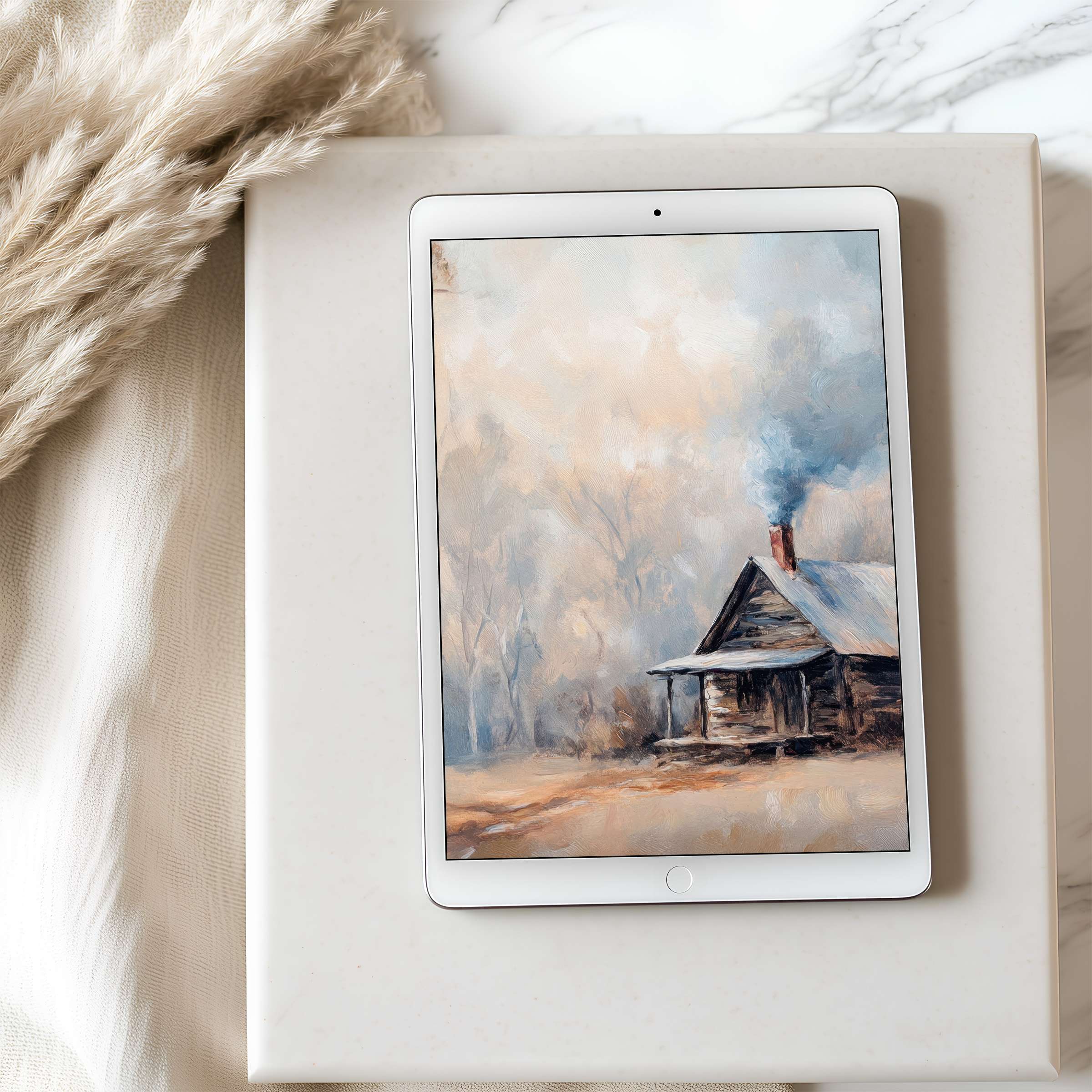 Serene cabin and winter landscape create an inspiring tablet wallpaper for iPad in high resolution enhancing digital ambiance