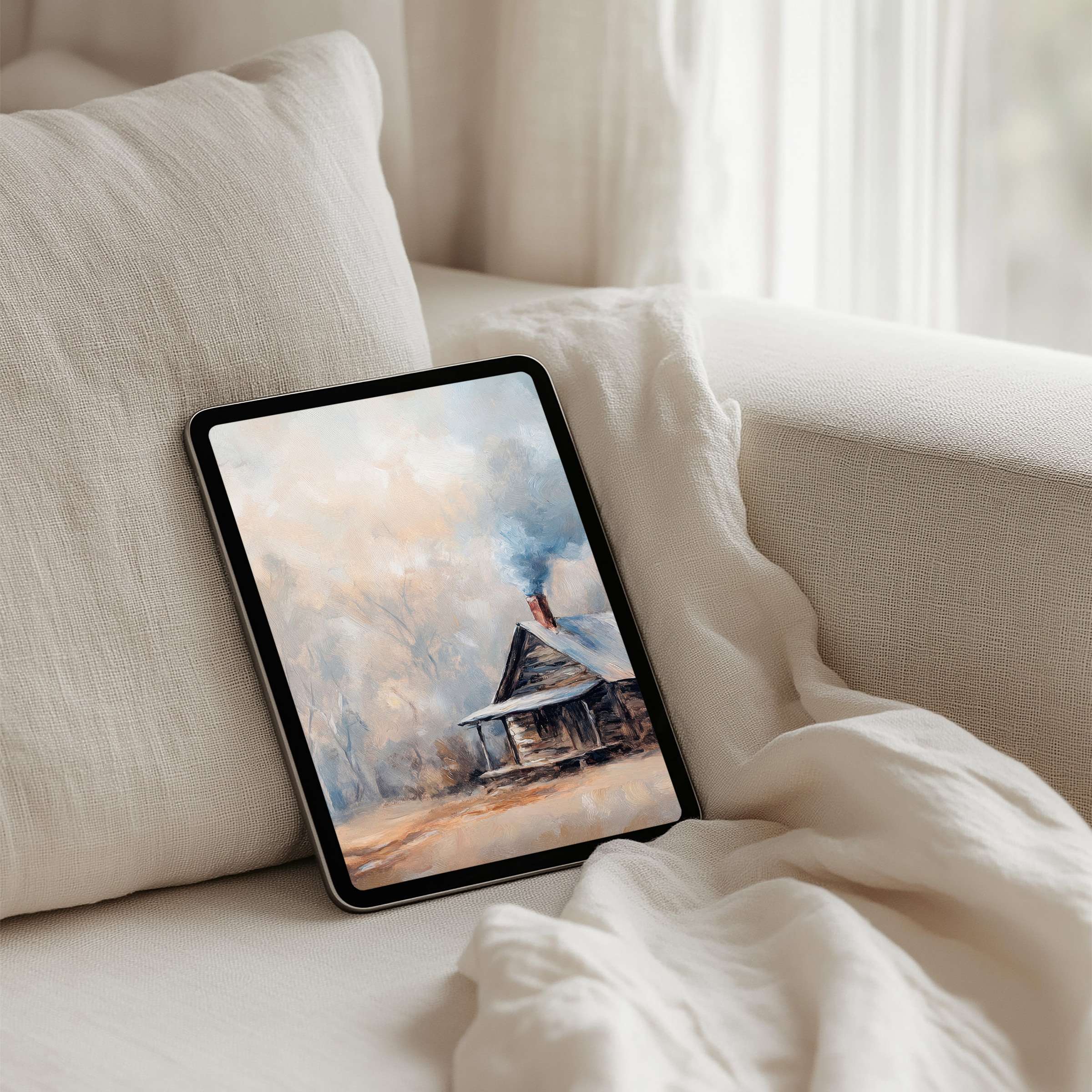 Elegant watercolor cabin scenery for iPad background on cozy linen sofa enhances calm and elegance instant download for any tablet