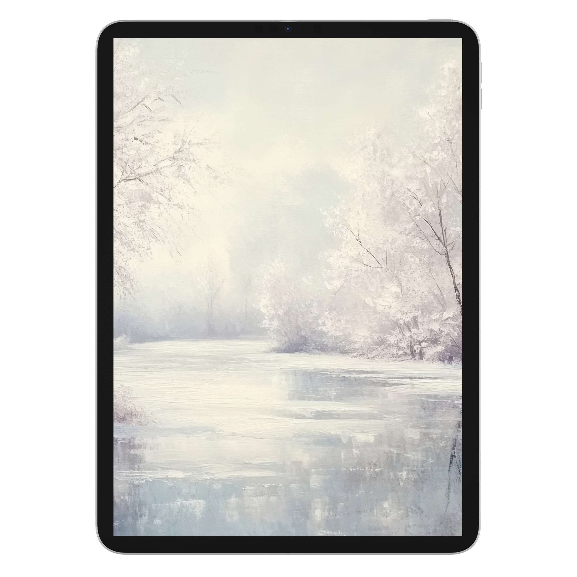 Serene winter iPad wallpaper featuring a snowy landscape with soft pastels offers a calming digital download for your tablet background
