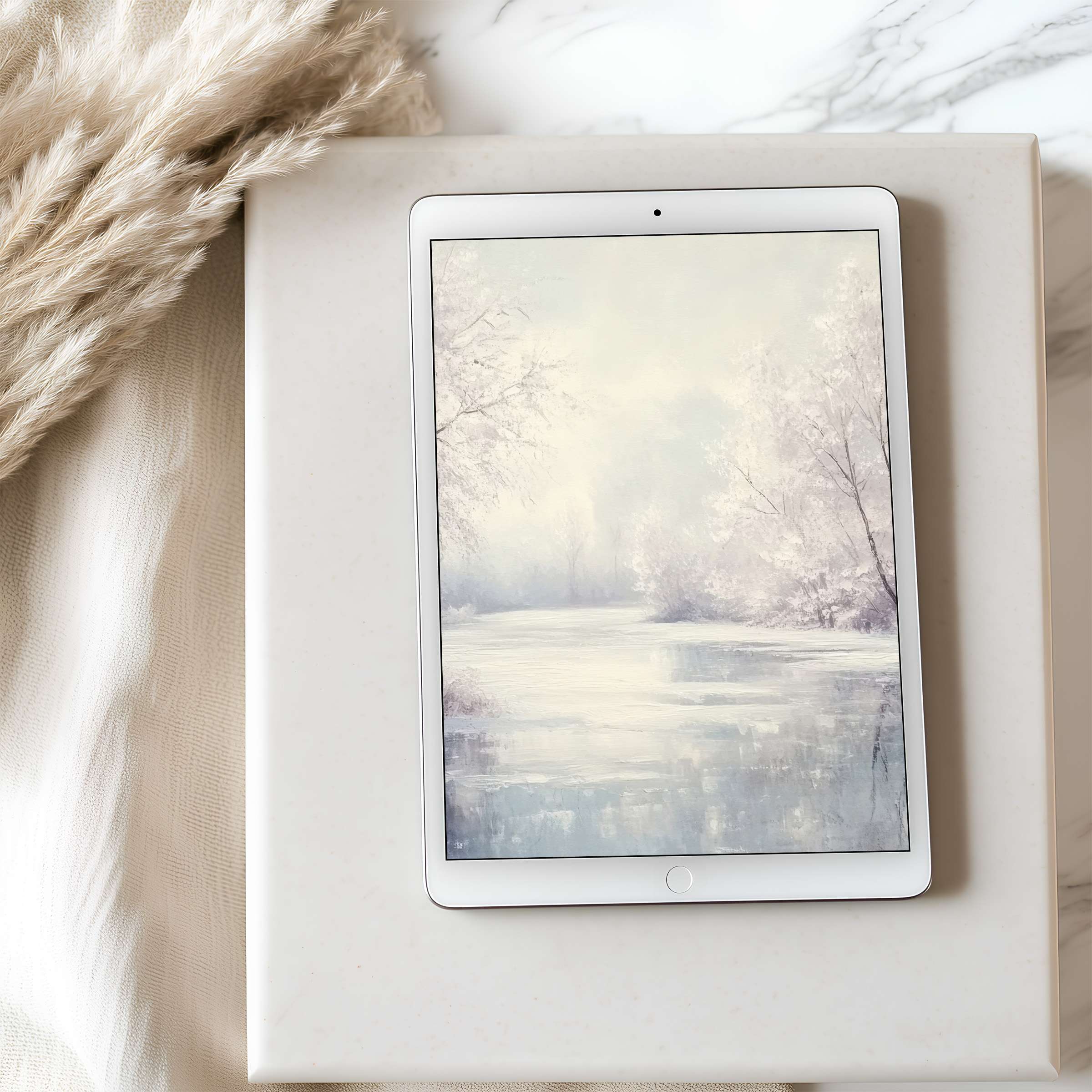 Elegant winter scene tablet wallpaper in high resolution evokes serenity with muted colors and soft textures perfect for iPad download
