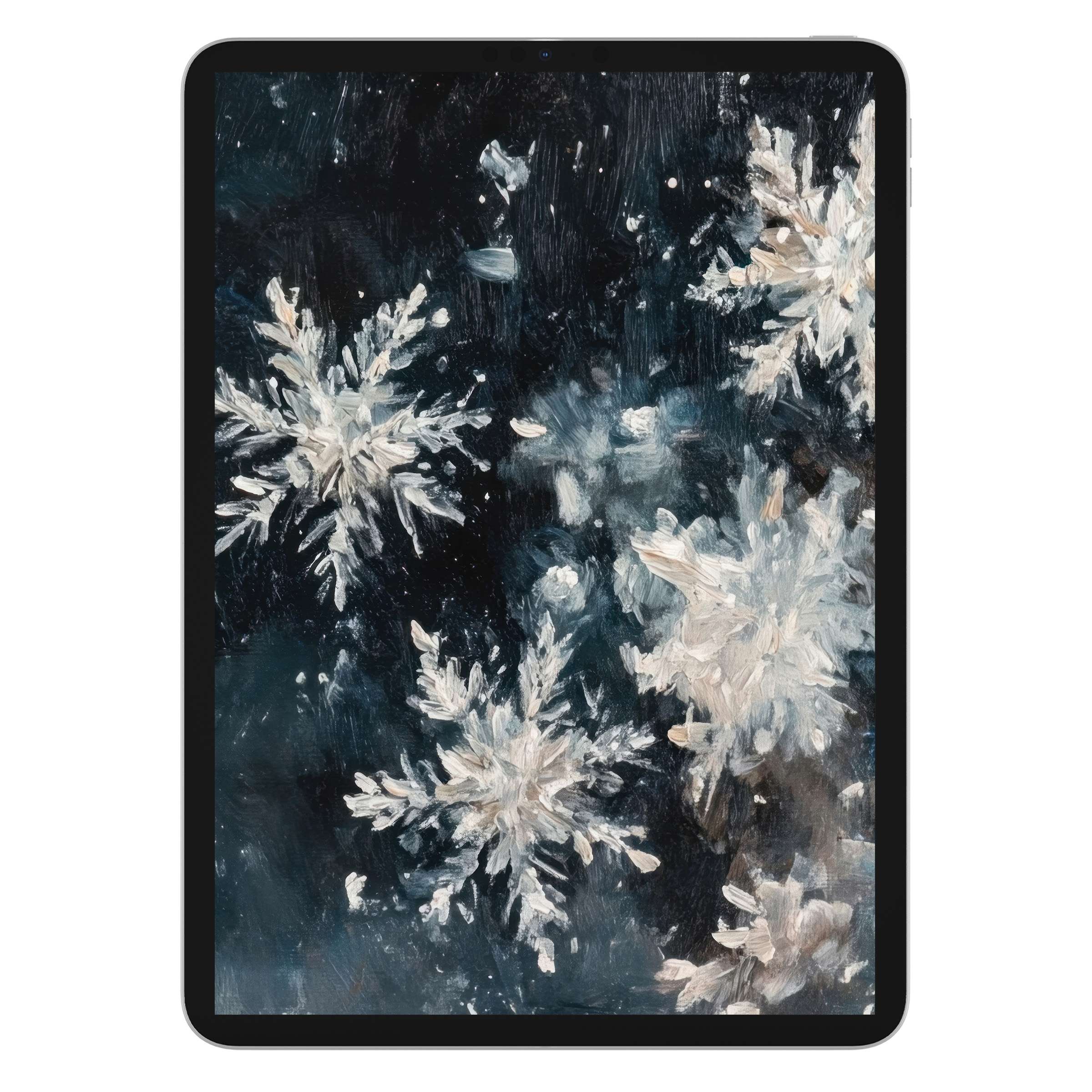 Elegant winter iPad wallpaper featuring abstract snowflakes on a dark background, perfect digital download for tablet aesthetics