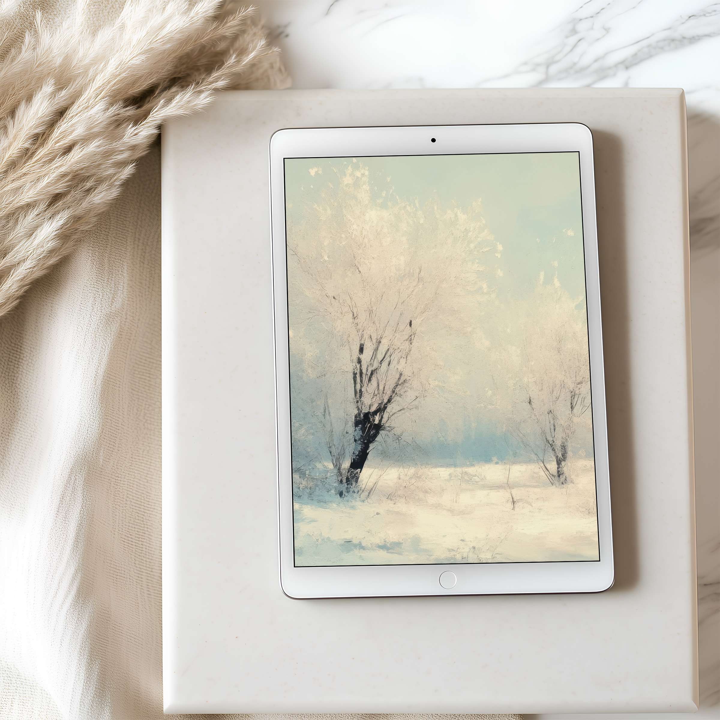 Elegant winter scene tablet wallpaper in calming pastel tones perfect for iPad and Android tablets digital download enhances tranquility