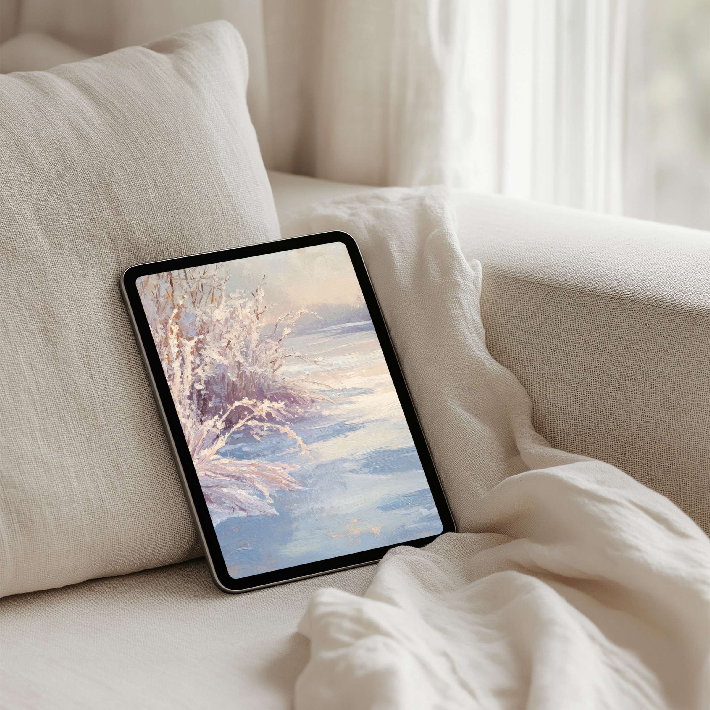 Elegantly serene iPad background with soft pastel winter scene for instant download on tablet devices inspiring calm and mindfulness