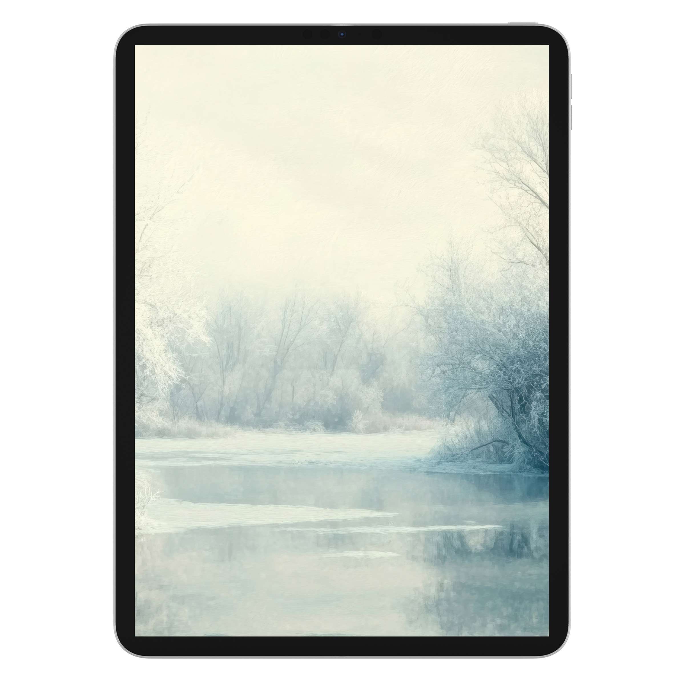Winter iPad wallpaper with serene icy landscape, digital download for elegant tablet background, enhancing calm and aesthetics