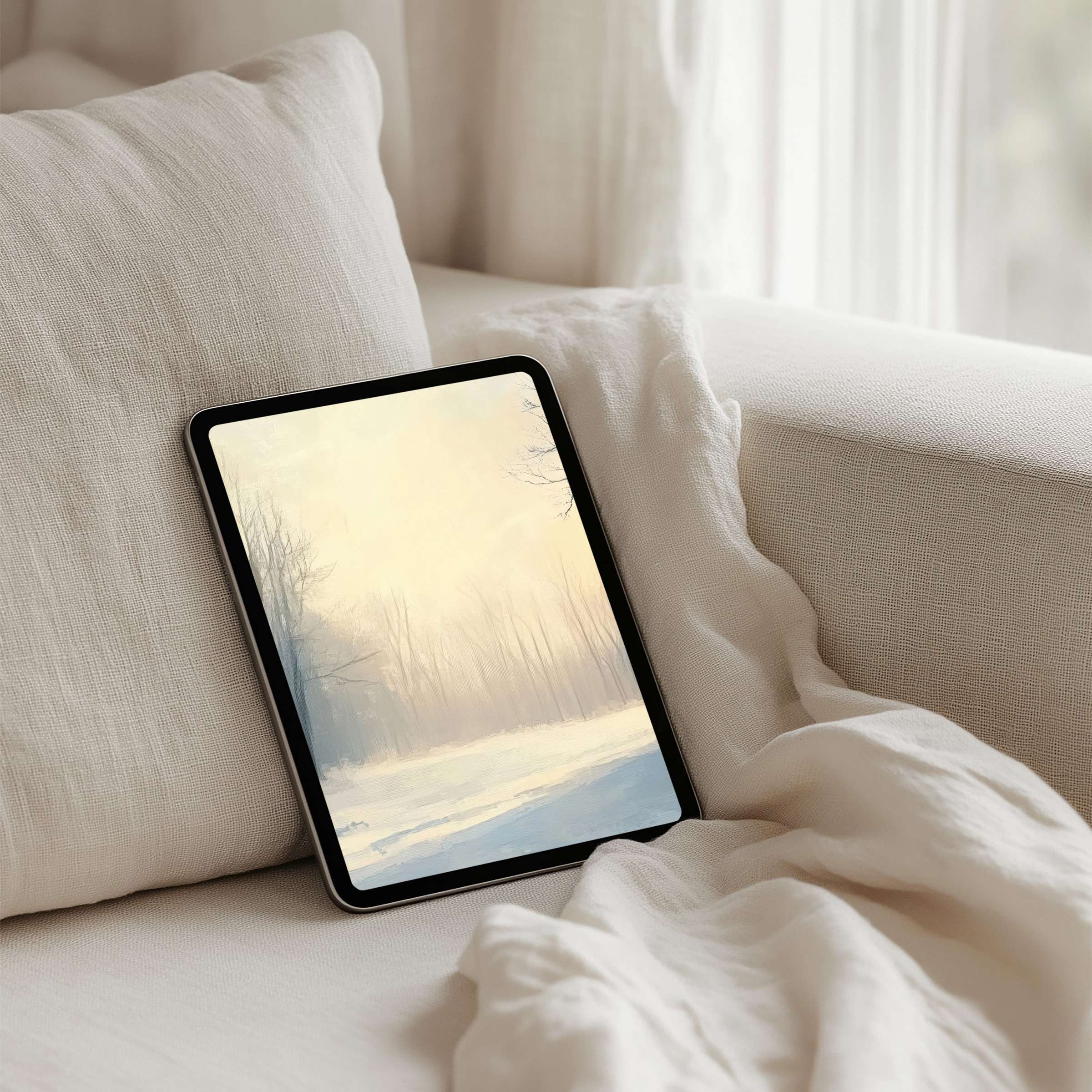 Calming winter scene on iPad background, ideal for tablets, offers instant download for mindful, elegant digital decor enthusiasts
