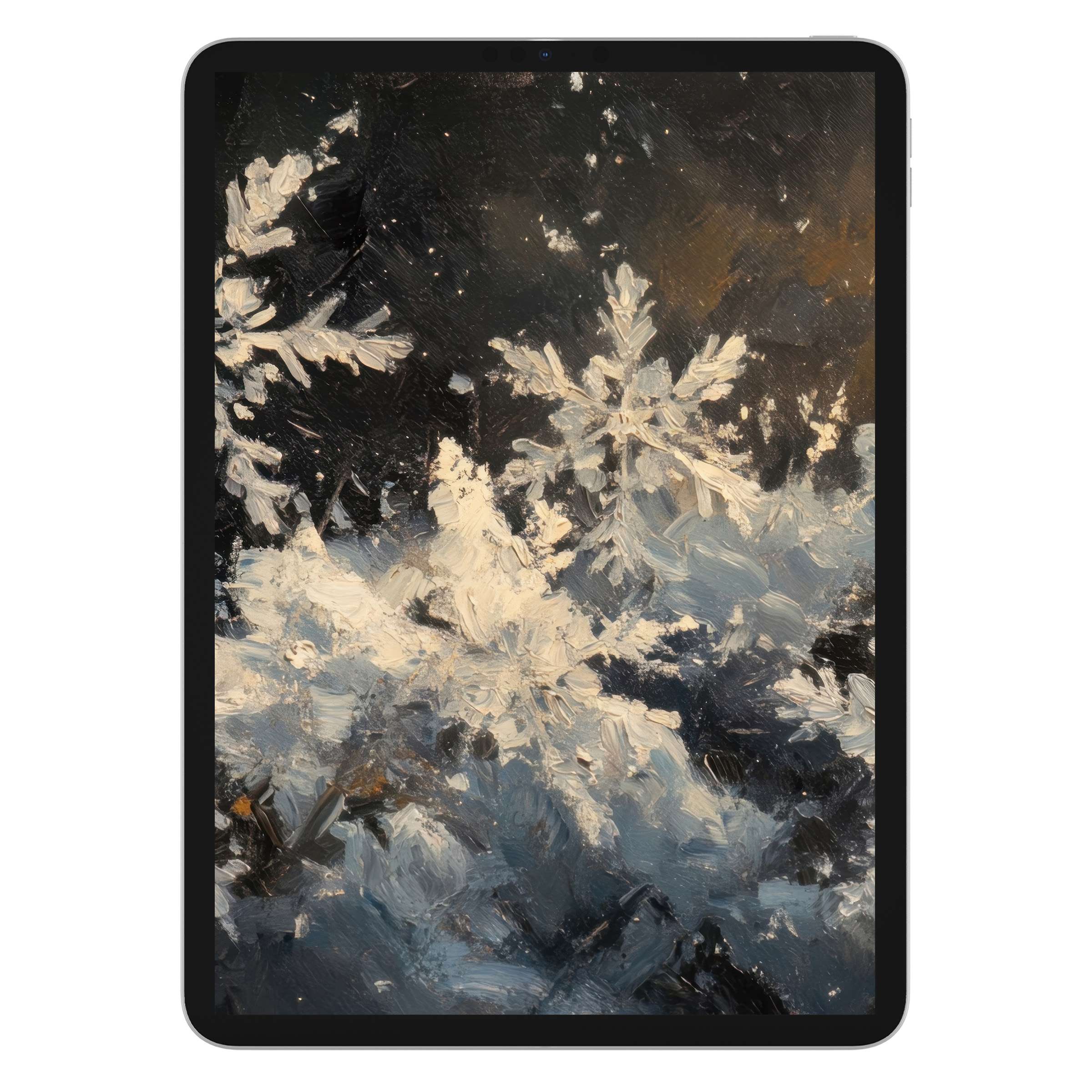Elegant winter iPad wallpaper featuring abstract snowflakes in calm hues, perfect tablet background for a serene digital download