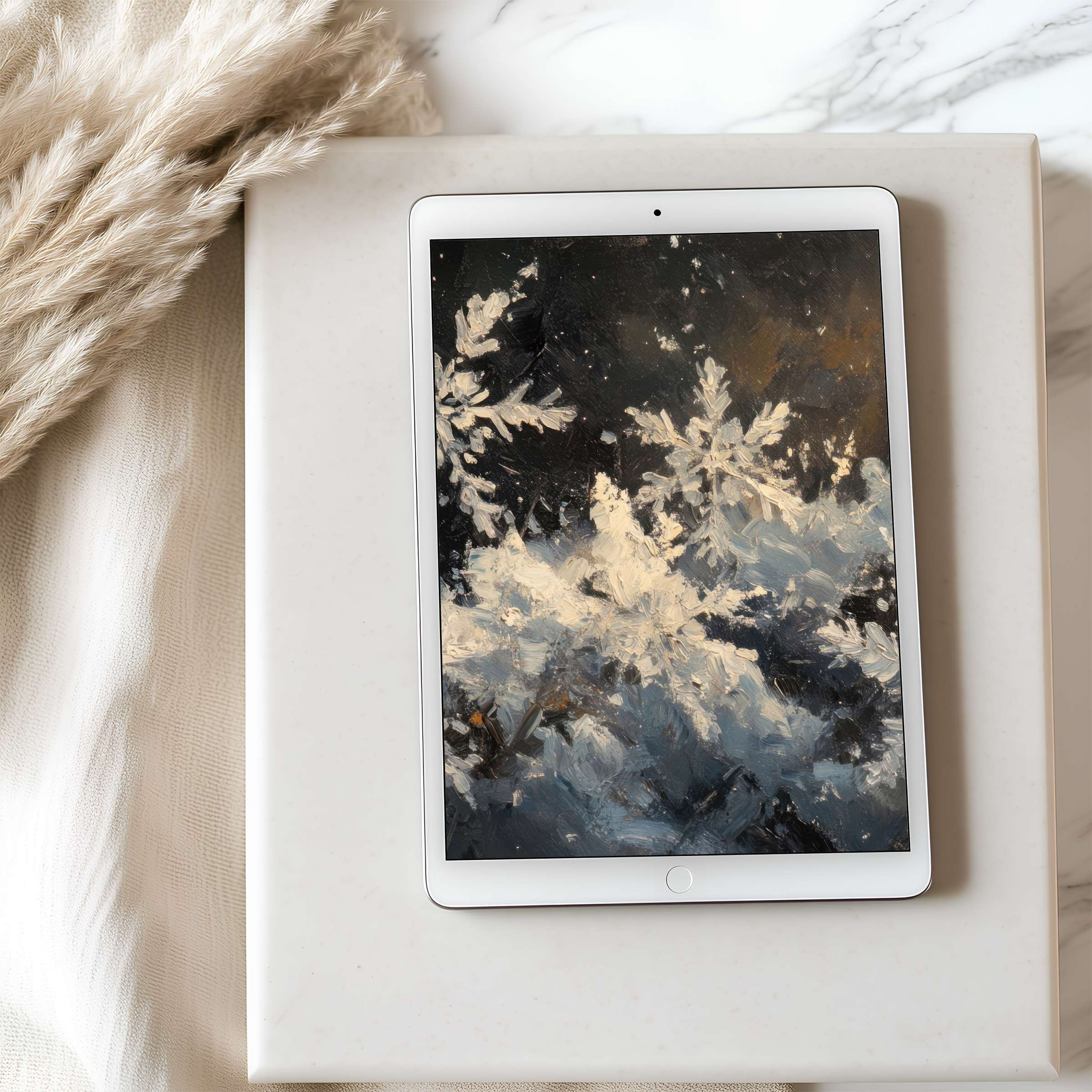 Elegant tablet wallpaper featuring serene snowflake art with soft hues, perfect for iPad or Android tablet, high resolution download