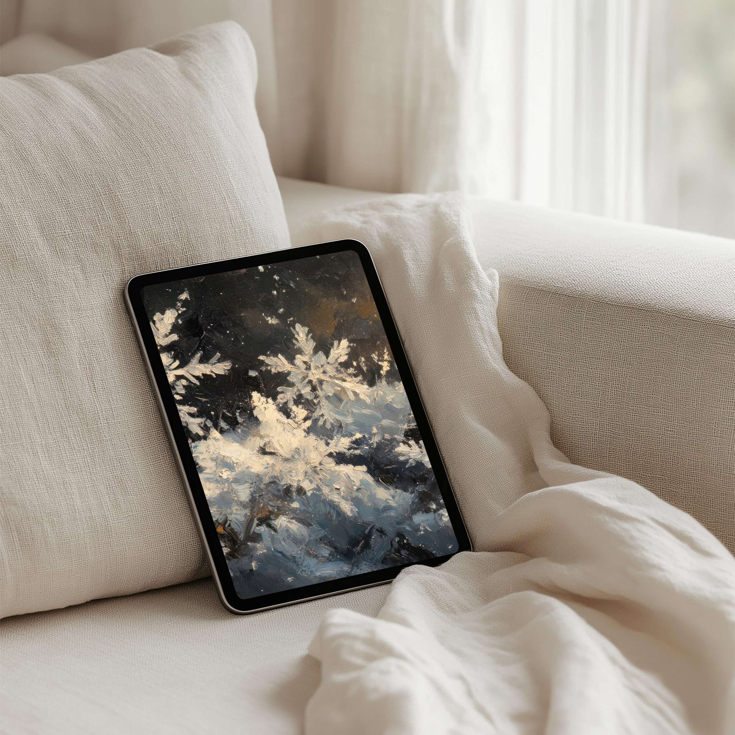 Elegant snowflake digital art iPad background for mindful creativity, fitting tablets like Samsung and Android, instant download
