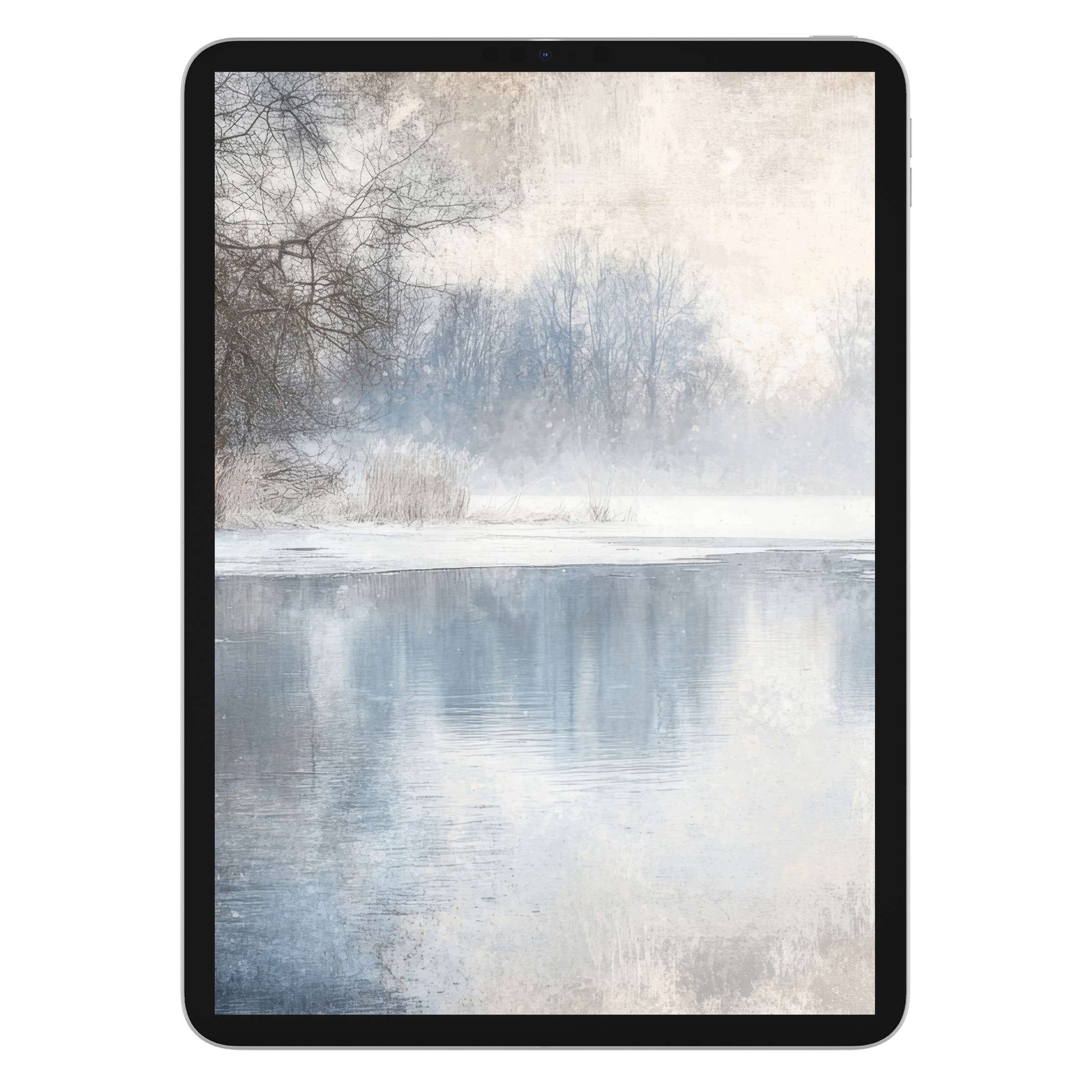 Winter iPad wallpaper featuring serene snow-covered trees, reflective icy lake, perfect background for tablets, digital download, peaceful ambiance