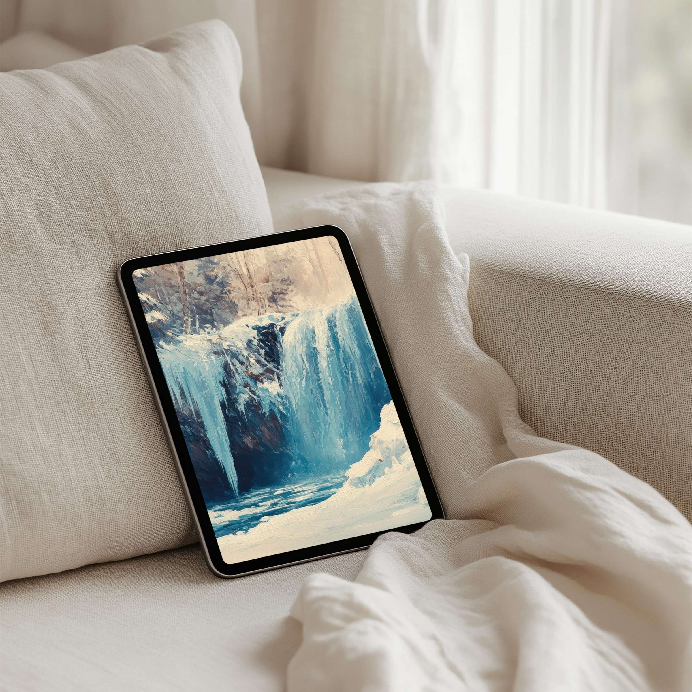 Elegant iPad background with serene waterfall painting for tablets inspires calm and mindfulness instant download available