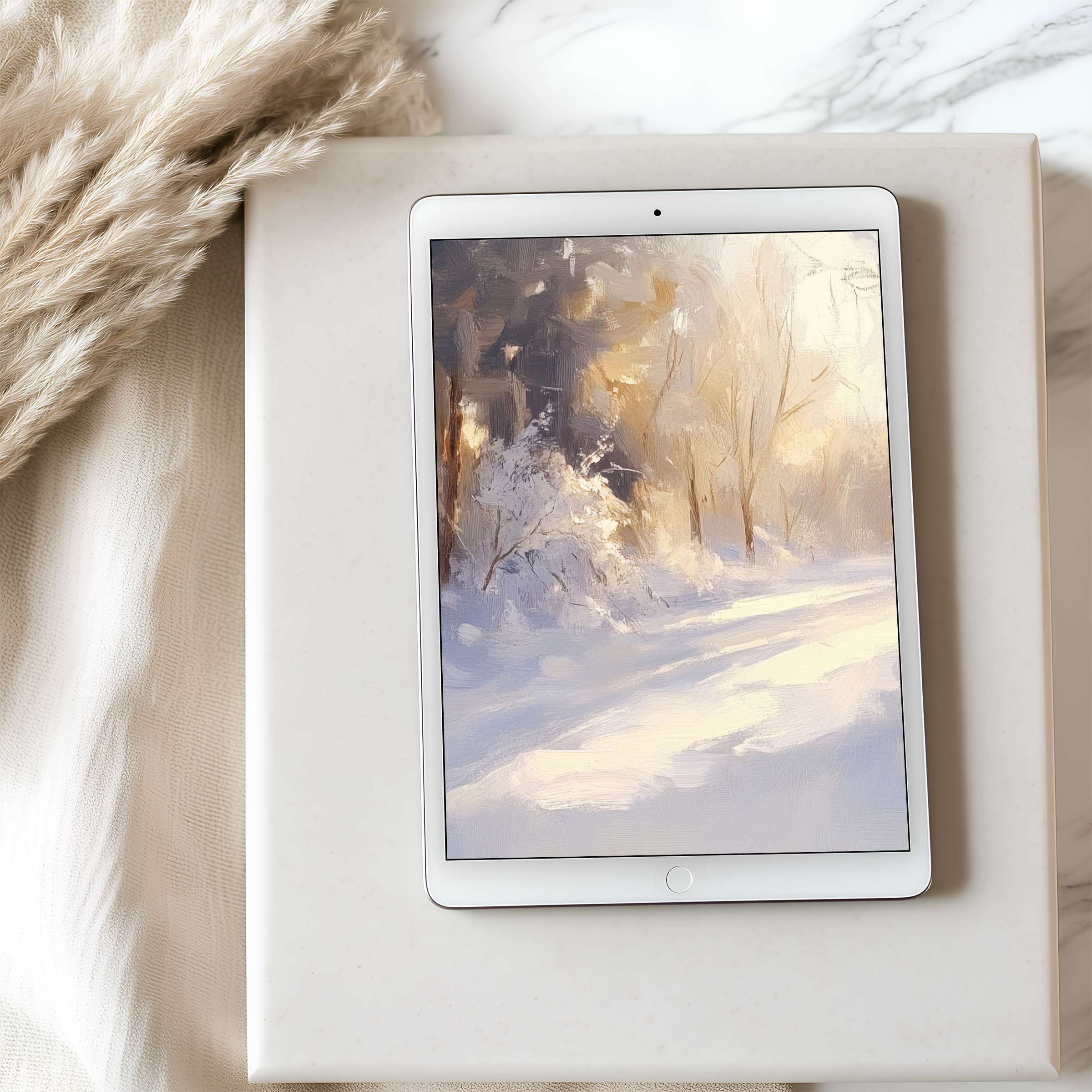 Elegant winter landscape tablet wallpaper in soft hues enhances any iPad with a serene, high resolution digital download ambiance