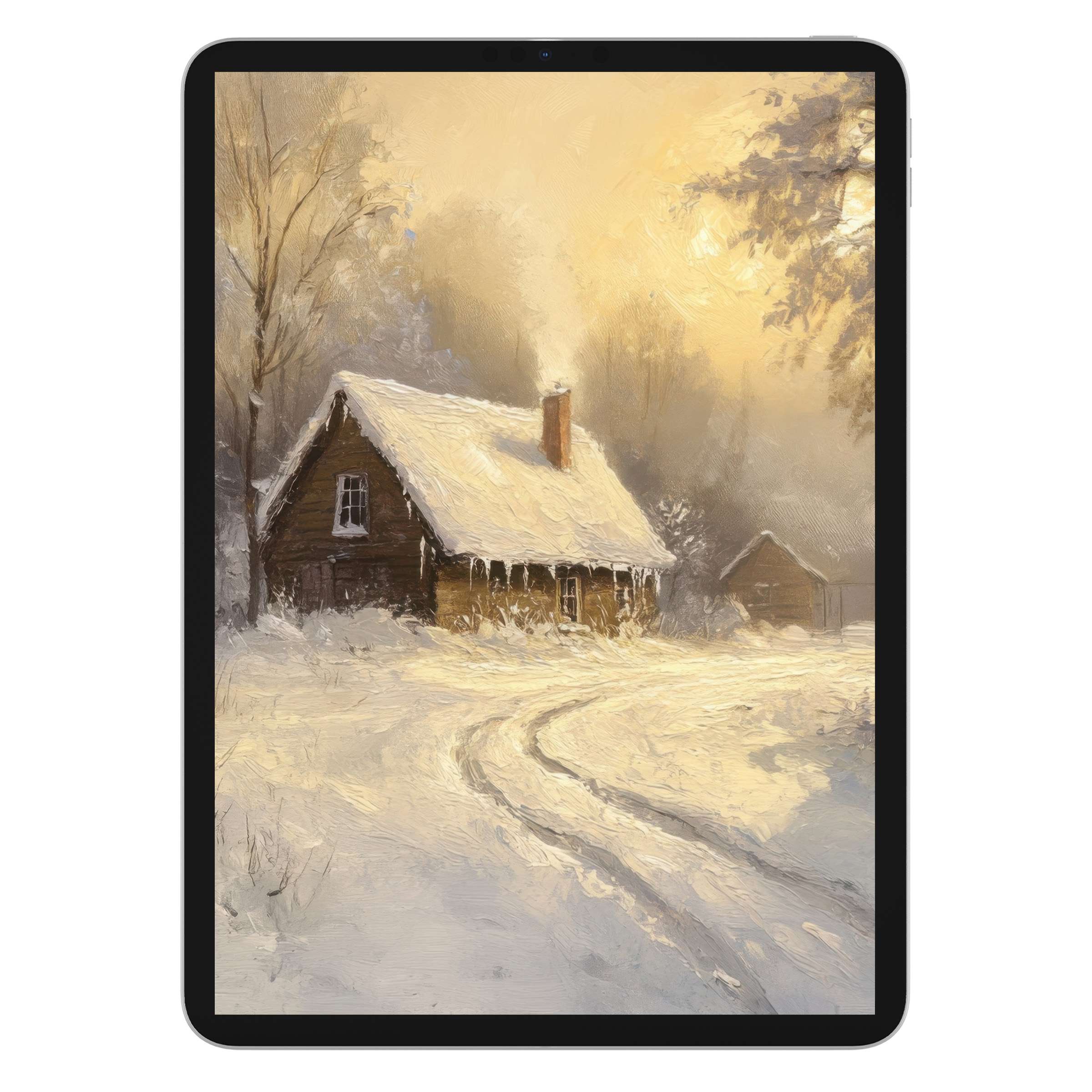 Winter iPad wallpaper featuring a cozy cabin in snowy woods, offering a serene digital download for elegant tablet backgrounds