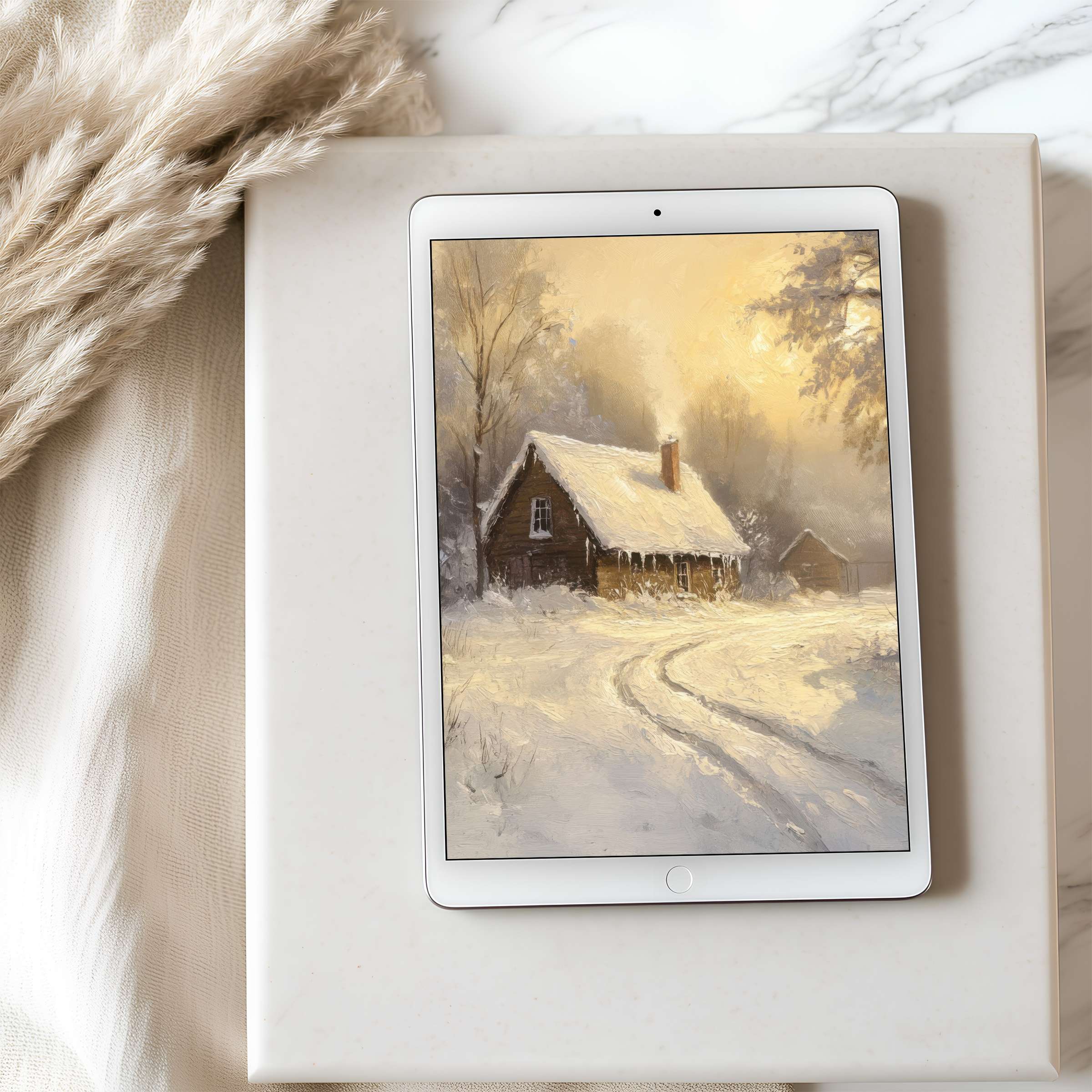 Elegant snowy cabin scene tablet wallpaper on iPad enhances any calming, curated interior with high resolution design suitable for digital download