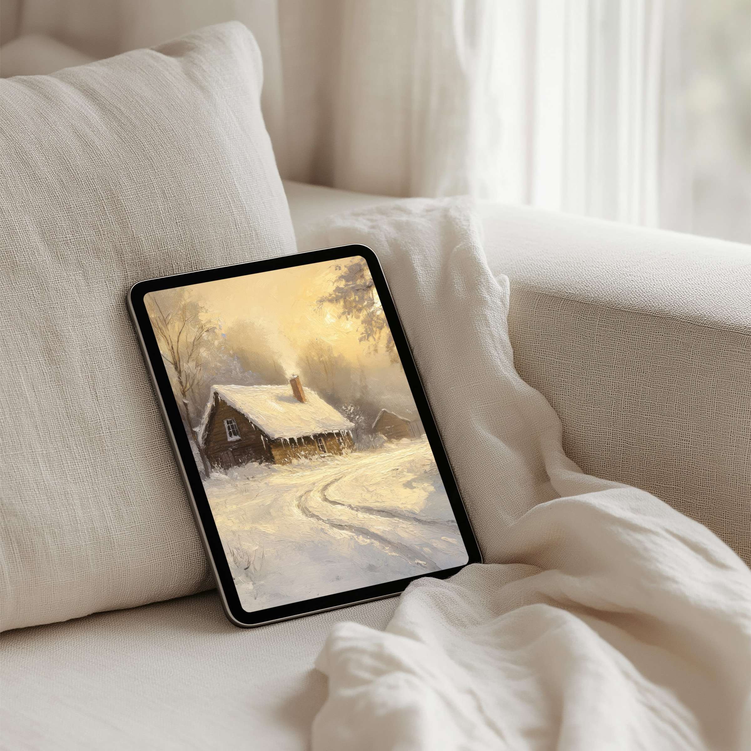 Cozy winter cabin scene on an iPad background offers calm inspiration for your tablet instant download creating mindful elegance
