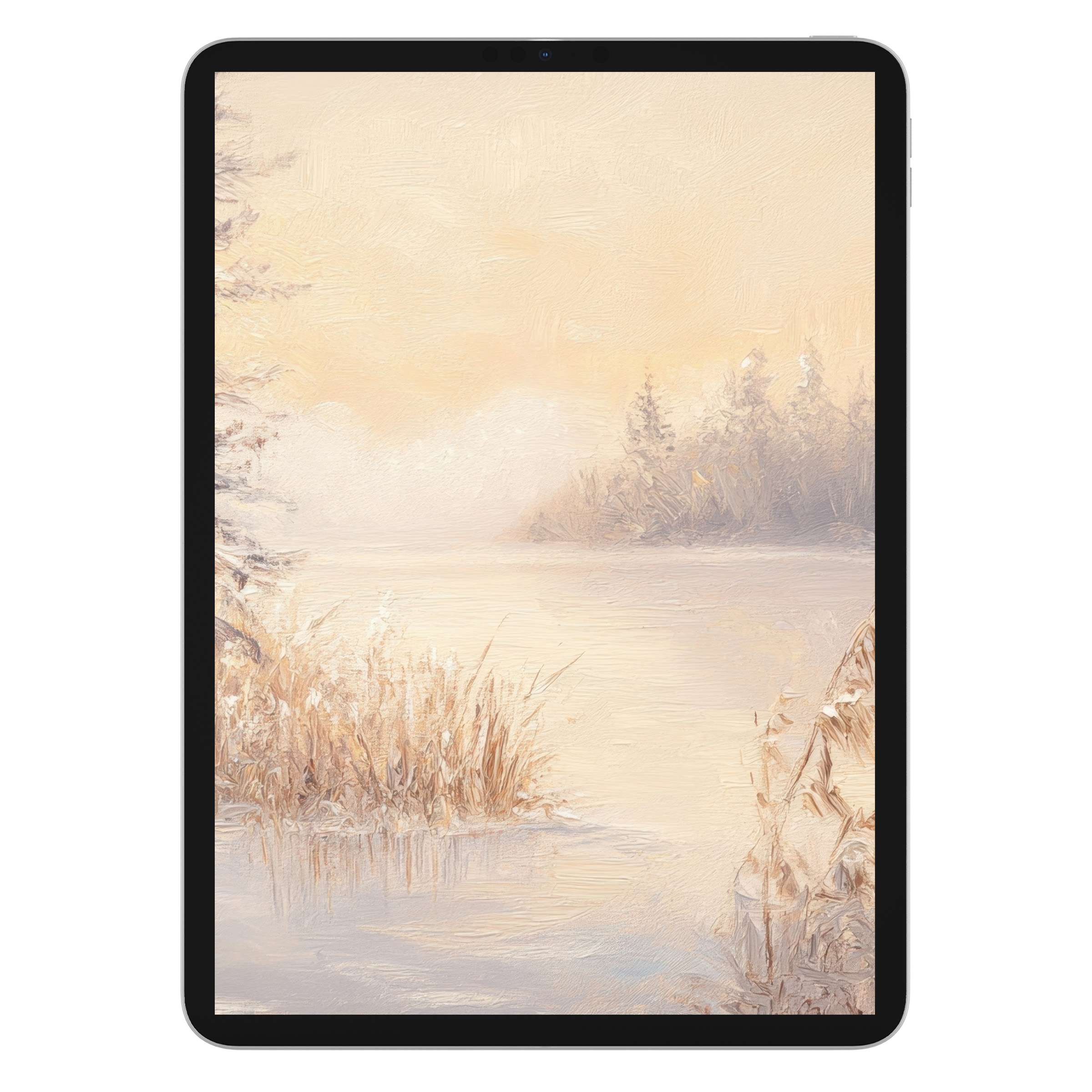 Winter iPad wallpaper featuring a serene, textured landscape in warm hues, ideal digital download background for any tablet user