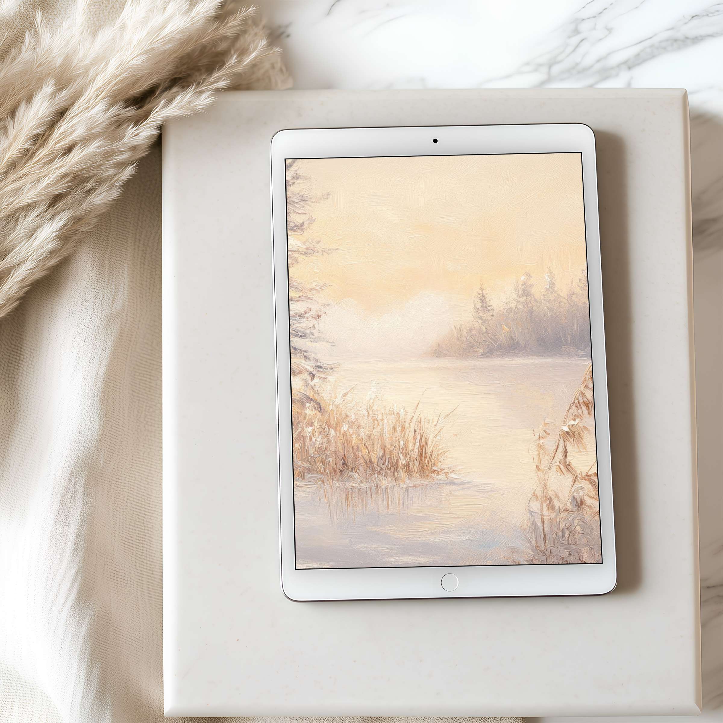 Elegant tablet wallpaper featuring a serene pastel landscape painting in high resolution enhances calm aesthetics suitable for iPad download