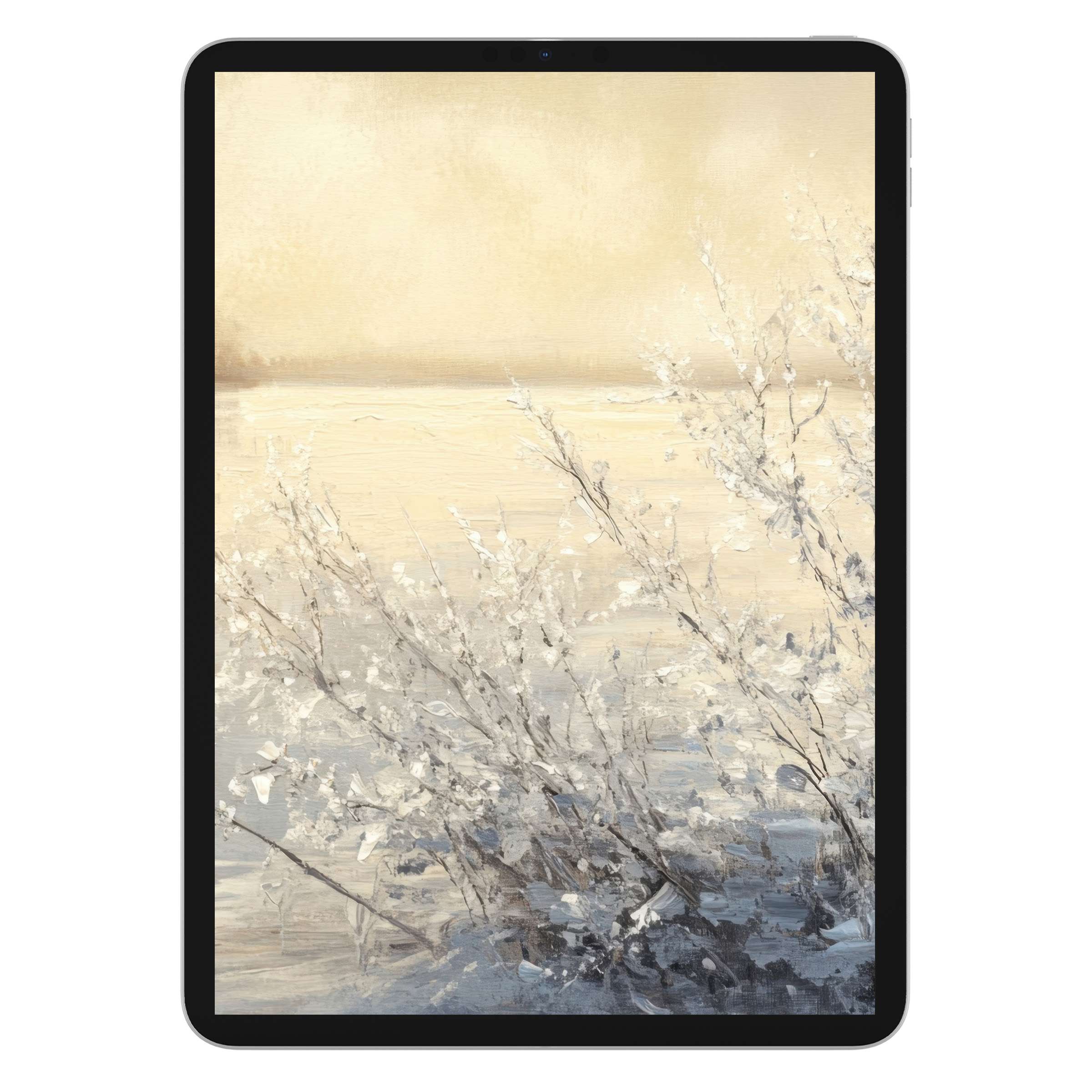 Tranquil winter iPad wallpaper featuring soft beige and gray tones, perfect digital download for elegant tablet background art