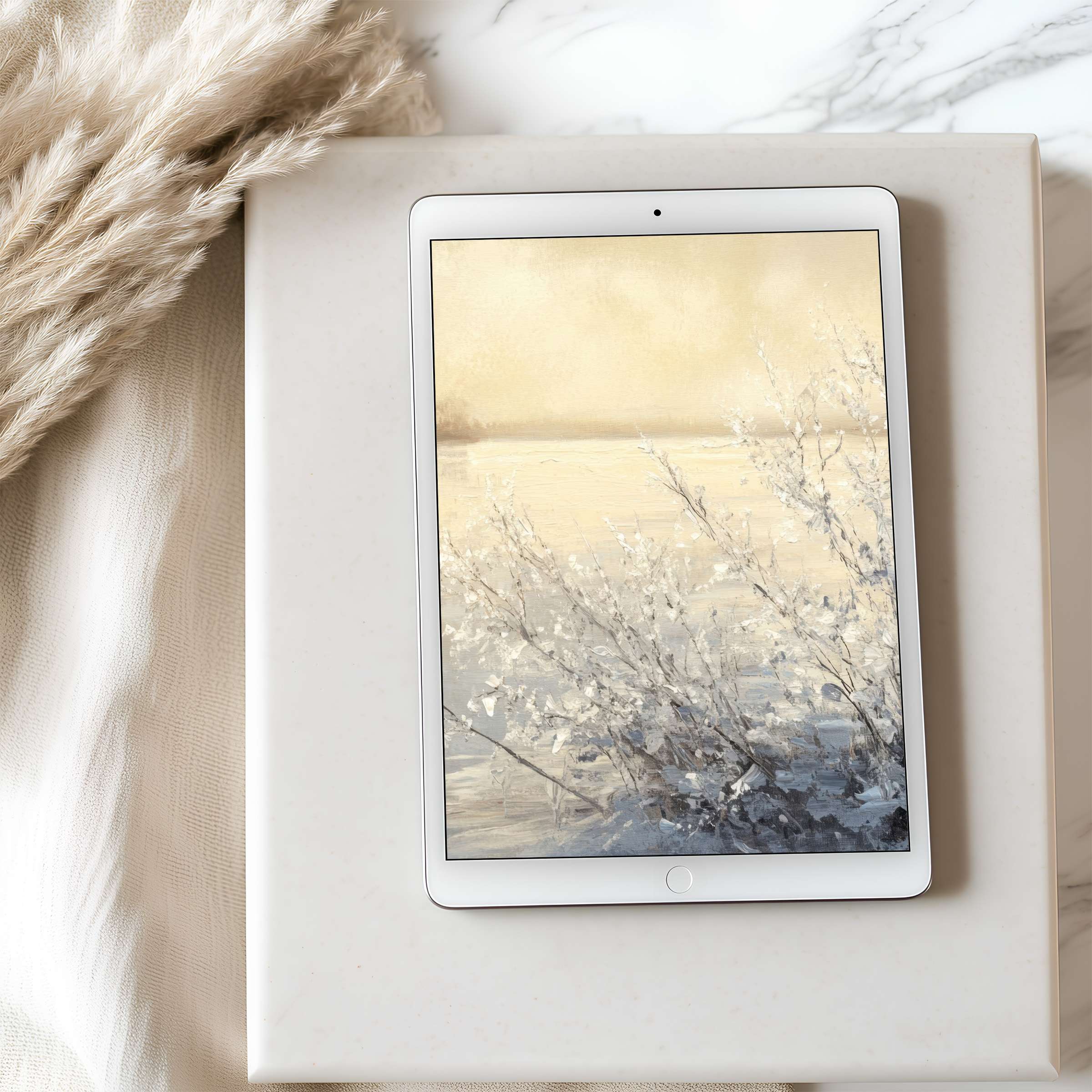 Serene tablet wallpaper with muted pastel landscape evokes tranquility, ideal for iPad in high resolution, perfect digital download